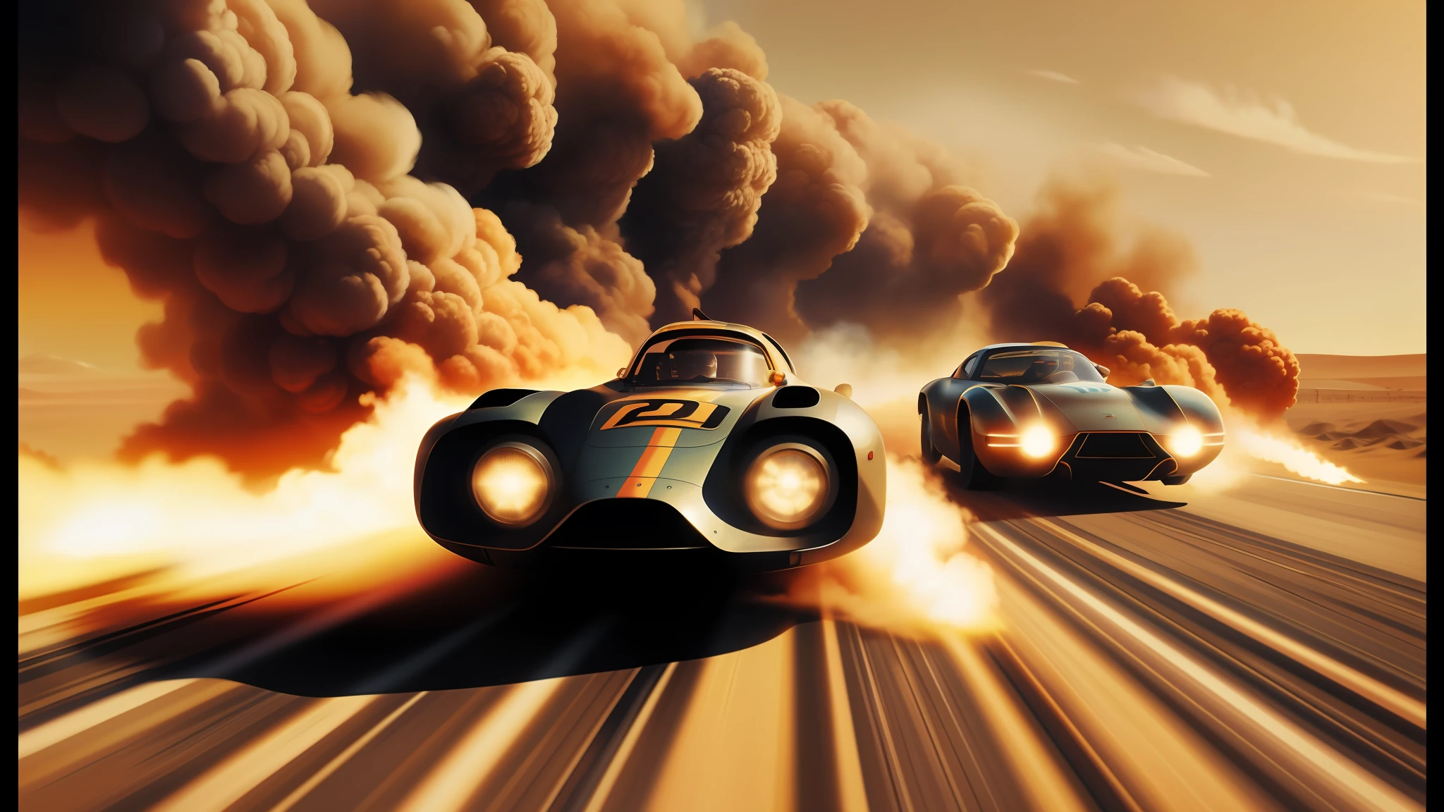 there are two cars that are racing on a track with smoke coming out of them, film still from movie dune-2021, boris vallejo and ilya kuvshinov, style = retro-futurism, thunderbolt, the incal, widescreen 4 k, by Werner Tübke, super 8mm, pixar rendering