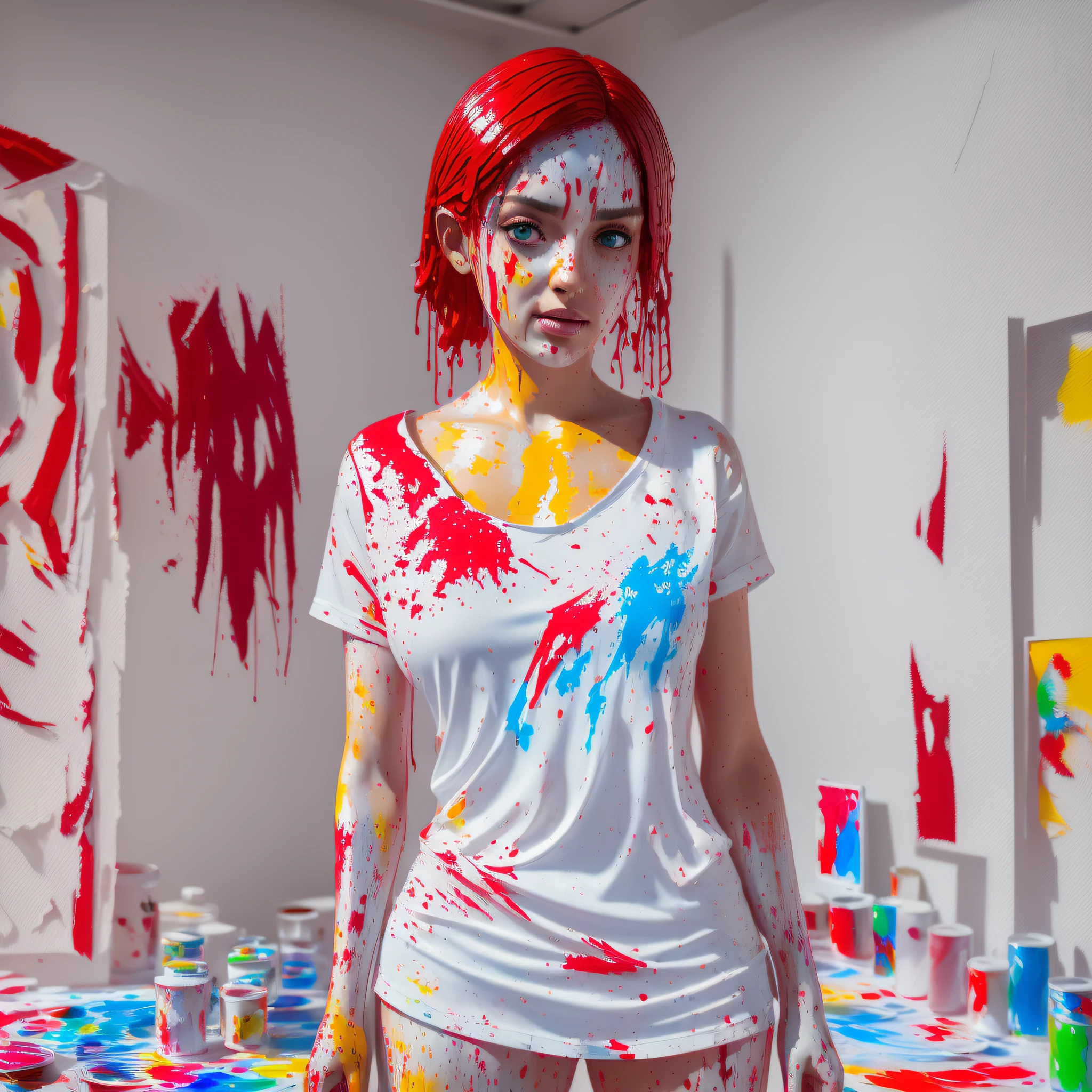 a beautiful woman standing in her studio, wearing a white shirt and short red shorts, ((skin and clothes are covered with splashes of paint)), ((The shirt is torn)), (sad look), (big sad eyes), (red paint splashes on shoulder and face), and (whole body), (long legs) (masterpiece:1.2) (photorealistic:1.2) (best quality) (intricate details) (8K) (High Poly) (Raytracing) (Cinema Lighting) (Sharp Focus) (Detailed Face)