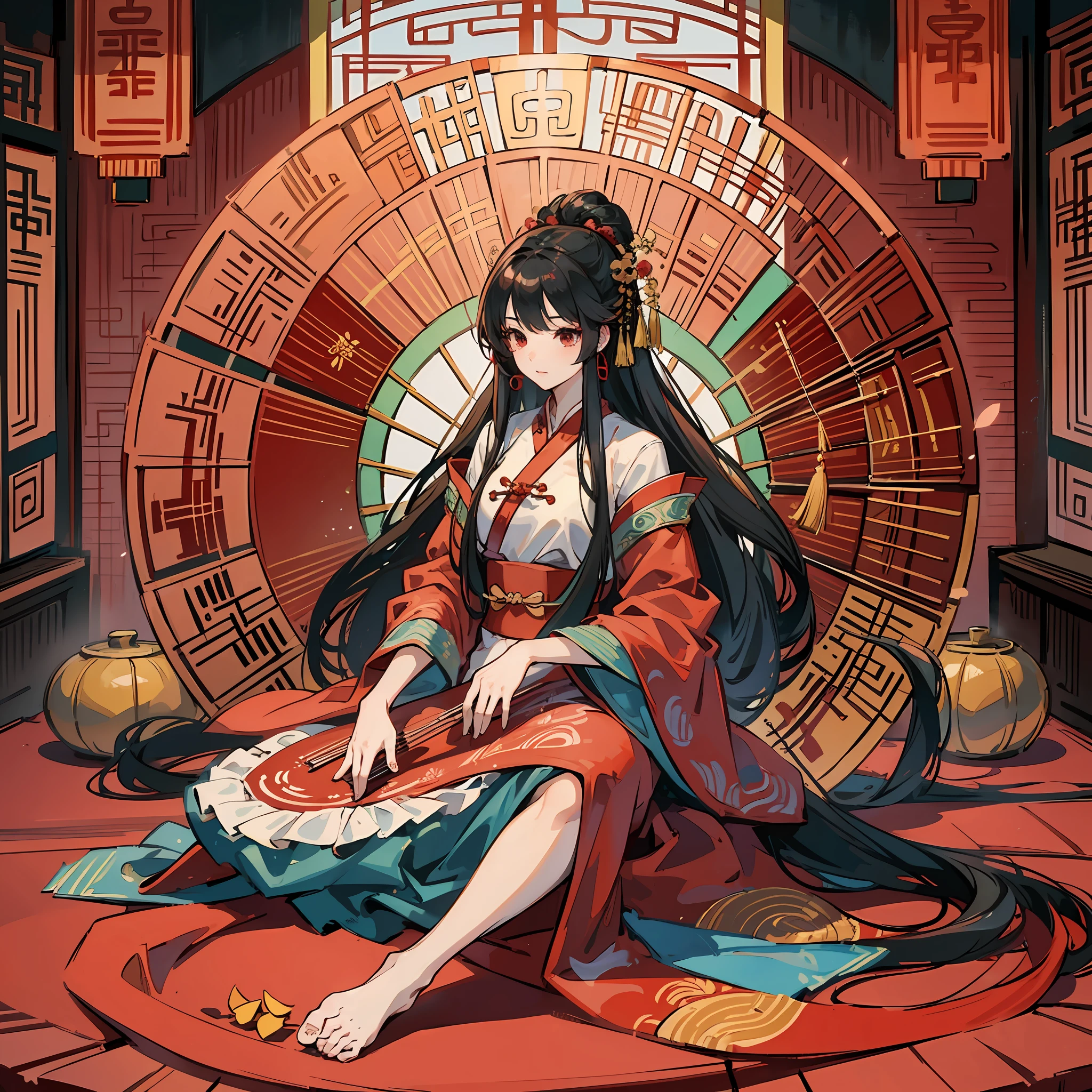 Red Hanfu, mature girl, sitting, playing guzheng, extremely long hair, extremely grandiose scene, extremely long hem of clothes, very loose hair, on the stage --auto --s2