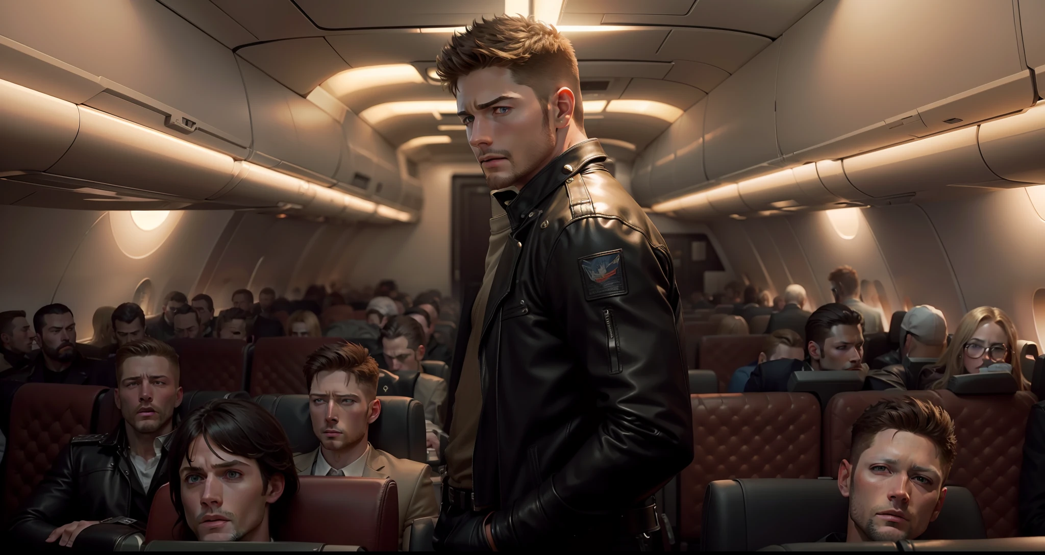 masterpiece, best quality, photo of jensen_ackles in leather jacket holding a shotgun, in airplane 4k, lighting, full body, (extremely detailed CG unit 4k wallpaper)