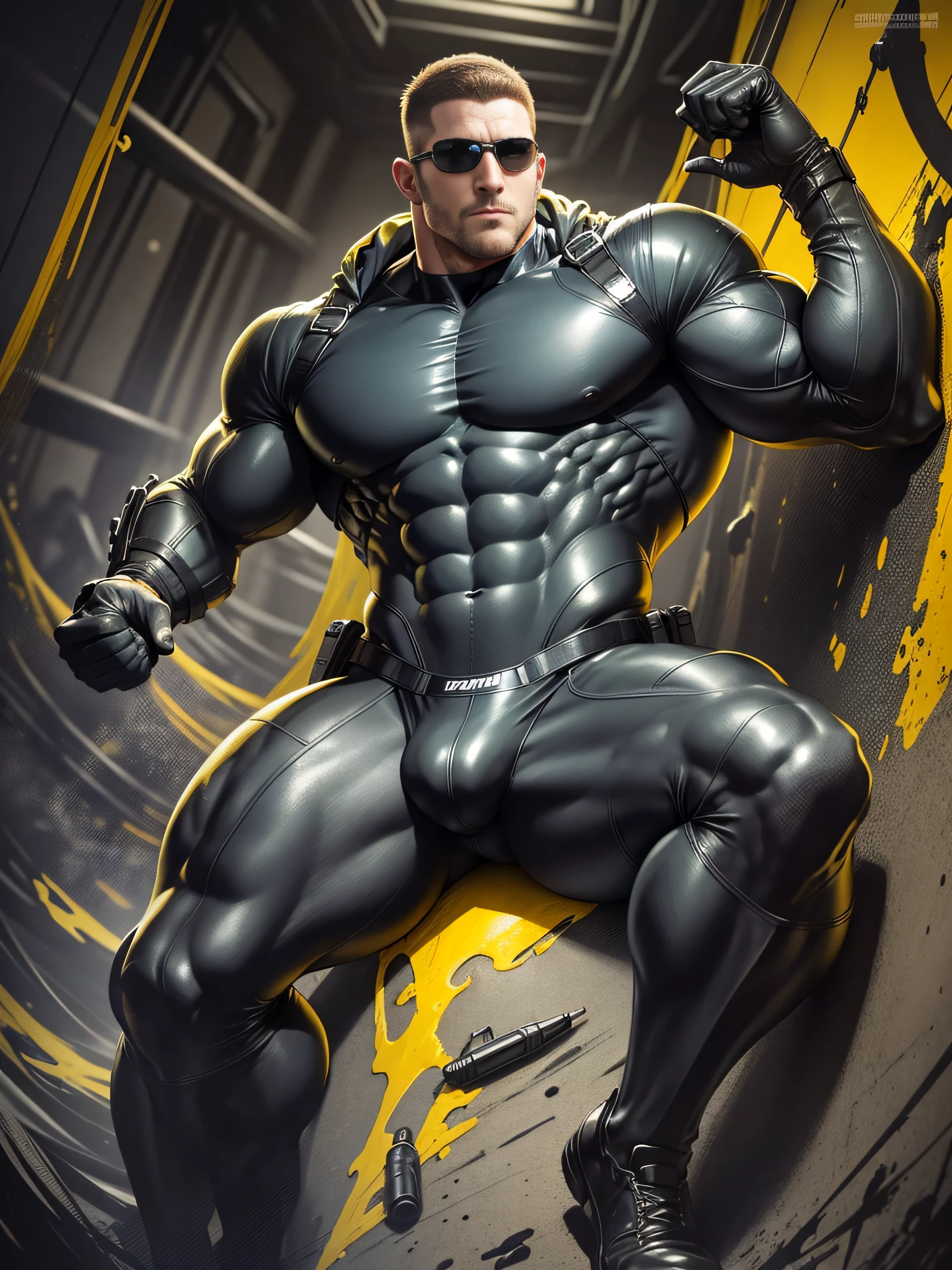 Man in yellow and black clothes, tightly wrapped in black stout tentacle, lying in the sticky tentacle's lair, muscle male hero, Buzz Cut, heroic male pose, tall and burly, muscular! Wearing black sunglasses, tall and burly, stealth suit, super buff and cool, high resolution committee, character design (Resident Evil - Chris Redfield), black military boots, attractive strong male
