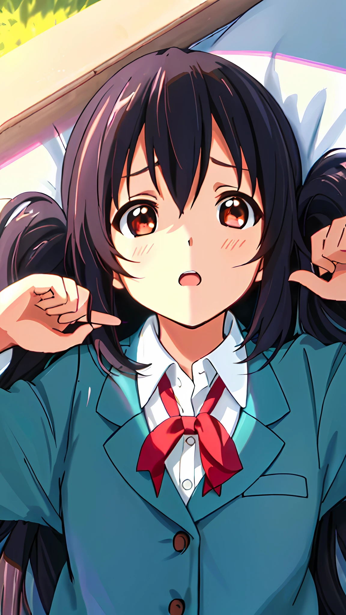 1girl, ((((Masterpiece))), Best Quality, Best Quality, High Detail, Azusa Nakano, 1girl, Sakuragaoka High School Uniform, Musical Instrument, School Uniform, Twin Tails, Long Hair, Black Hair, Brown Eyes, Solo, Red, Dark blue blazer with a thin ribbon of red, Solid white button shirt under blazer, Illustration, Cartoon, Soothing tones, Muted colors, Soft cinematic light, Adobe Lightroom, Photo Lab, HDR, complex and highly detailed, (((depth of field))))). (((Masterpiece))). (((highest quality))).) ((super detail))). (((Illustration))). (((Outside))). (((fighting stance))).,(((Lying down))).dynamic focus.small breasts.. (((Face of sadness))). Open mouth.Close your eyes.Spread your arms.Ground.Lie on your back.