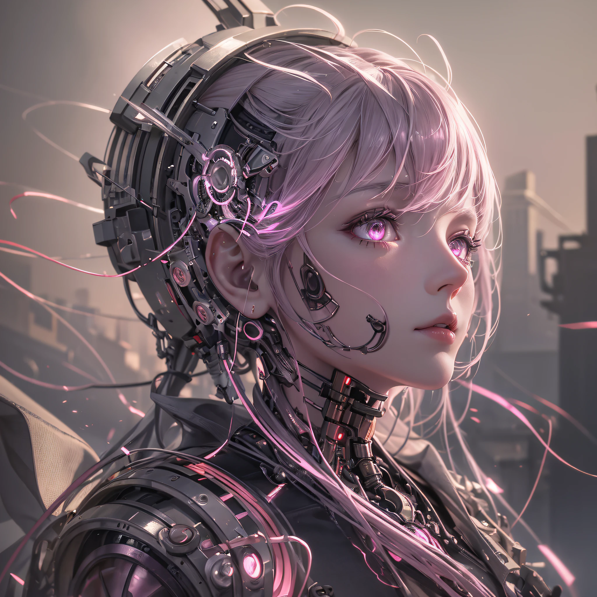 1 mechanical girl, ((super realistic details)), portrait, global illumination, shadows, octane rendering, 8k, super sharp, metallic, complex, ornamental detailed, cool colors, Egyptian details, highly complex details, realistic light, CGsociety trends, glowing eyes, facing camera, neon details, mechanical limbs, blood vessels attached to tubes, mechanical vertebrae attached to the back, mechanical cervical vertebrae attached to the neck, sitting, wires and cables attached to the head, radiant pale pink rose - Shaped clouds and cherry blossoms surround the fantasy mansion floating in the sky, pale pastels, fantasies, enchanting dreamlands, magical fairy tale landscapes seen from afar, atmospheric lighting, complex, elegant, volumetric lighting, dot matrix digital painting, highly detailed, artstationHQ, sharp focus, illustration, concept art, magical realism, side face --auto --s2