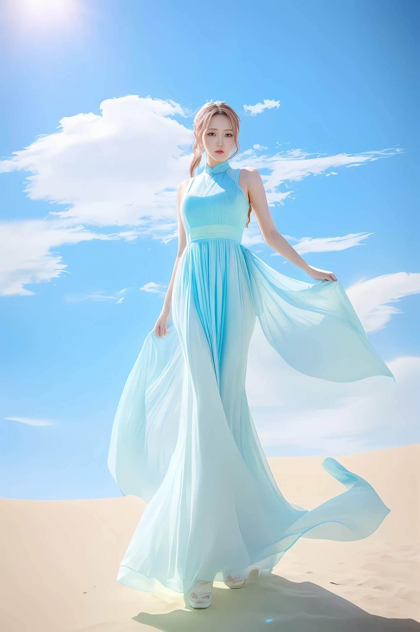 (8k, RAW photo, photorealistic:1.25) ,( lip gloss, eyelashes, glossy side, shiny skin, best quality, ultra high resolution, depth of field, chromatic aberration, caustic, wide light, natural shadow, Kpop idol) ,light pink and light blue style, 1girl, (sky witch: 1.5), tall and thin beauty goddess, flowing dress, conservative girl, cloud goddess, flowing realistic fabric, wearing a flowing dress, realistic, Blue sky in the background, (wind: 1.5), (full body: 1.5), (dunhuang_cloths: 0.5)