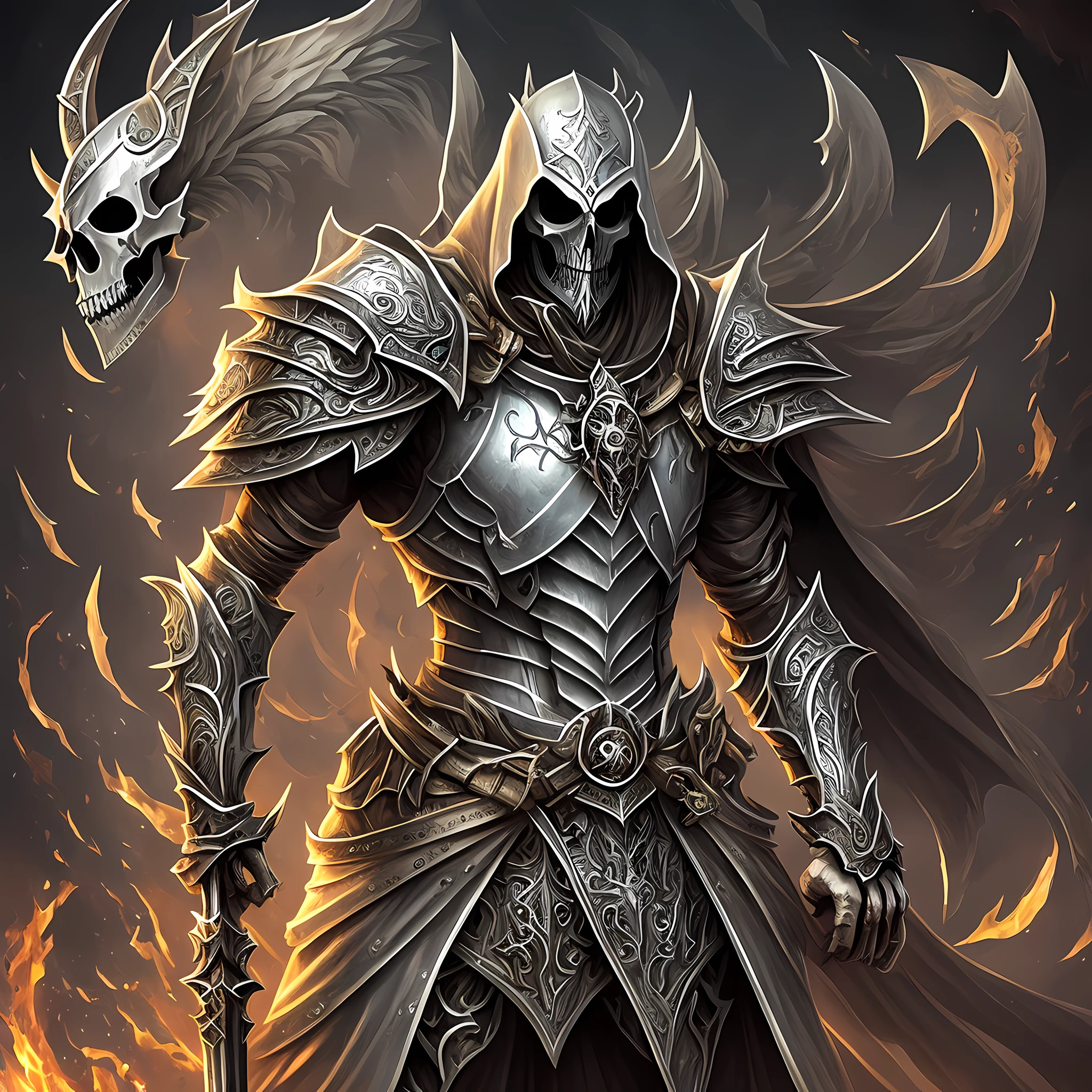 arafed skeleton with a sword and a skull head and a sword, skeleton knight, skeleton warrior, skeleton king, undead skeleton king, beautiful male god of death, king of time reaper, muscular male undead cyborg, demon knight of death, epic fantasy digital art style, the harbringer of death, undead knight, undead lich, the angel of death, bone armor --auto --s2