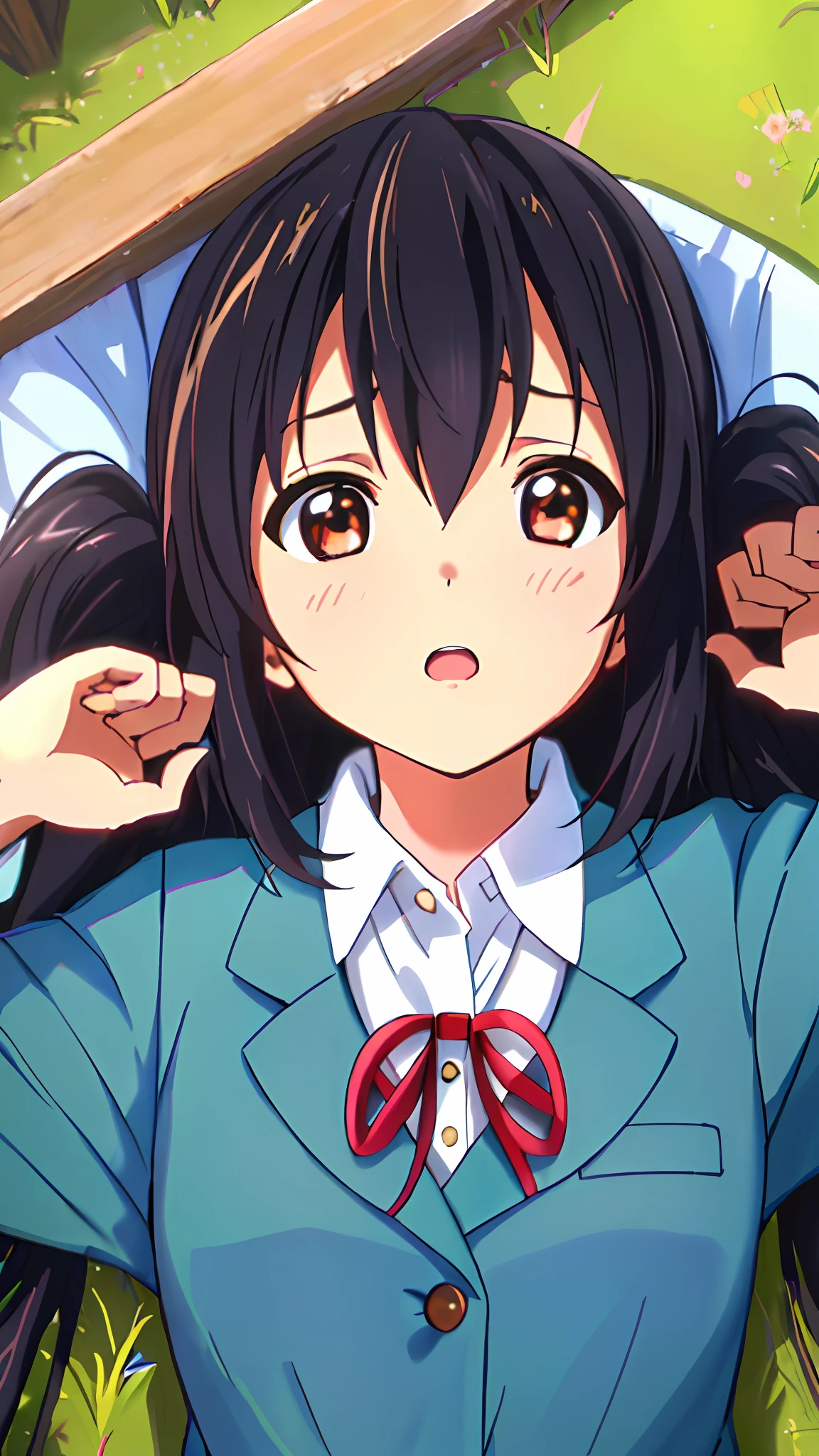 1girl, ((((Masterpiece))), Best Quality, Best Quality, High Detail, Azusa Nakano, 1girl, Sakuragaoka High School Uniform, Musical Instrument, School Uniform, Twin Tails, Long Hair, Black Hair, Brown Eyes, Solo, Red, Dark blue blazer with a thin ribbon of red, Solid white button shirt under blazer, Illustration, Cartoon, Soothing tones, Muted colors, Soft cinematic light, Adobe Lightroom, Photo Lab, HDR, complex and highly detailed, (((depth of field))))). (((Masterpiece))). (((highest quality))).) ((super detail))). (((Illustration))). (((Outside))). (((fighting stance))).,(((Lying down))).dynamic focus.small breasts.. (((Face of sadness))). Open mouth.Close your eyes.Spread your arms.Ground.Lie on your back.