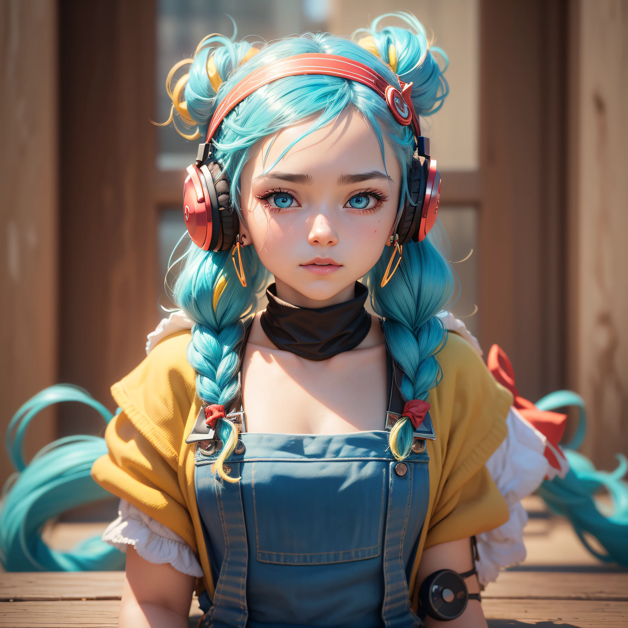 (Highly detailed CG Unity 8k wallpaper, masterpiece, top quality, super detail), floating, shining eyes [(headband, earrings, braided pig tail hair with headphones, (cyan: 1.5 | red: 1.2), (light yellow: 1.3)): overalls): --auto --s2