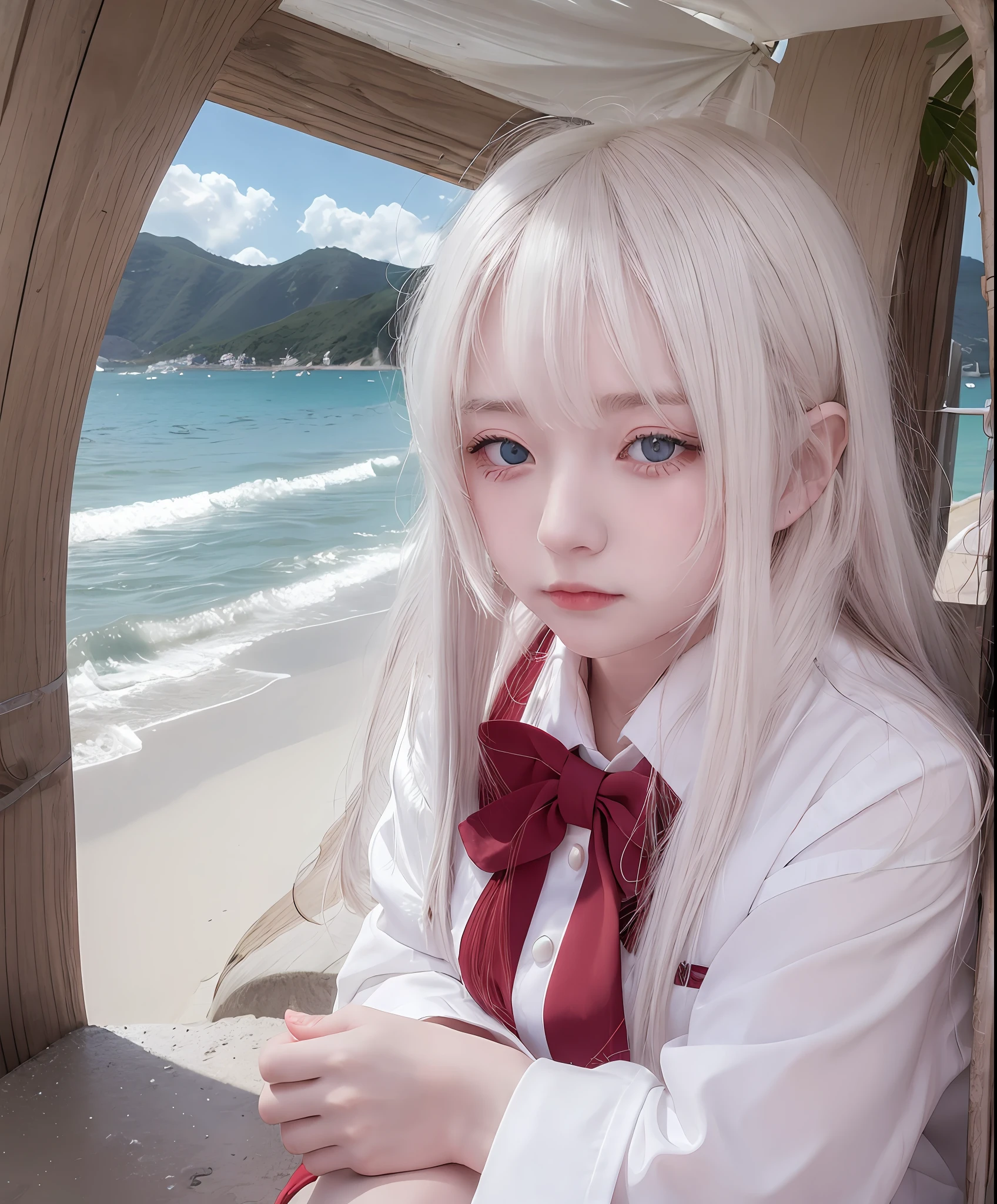 white hair, red eyes, shy blush, uniform, girl, water, seaside, beach, sunny