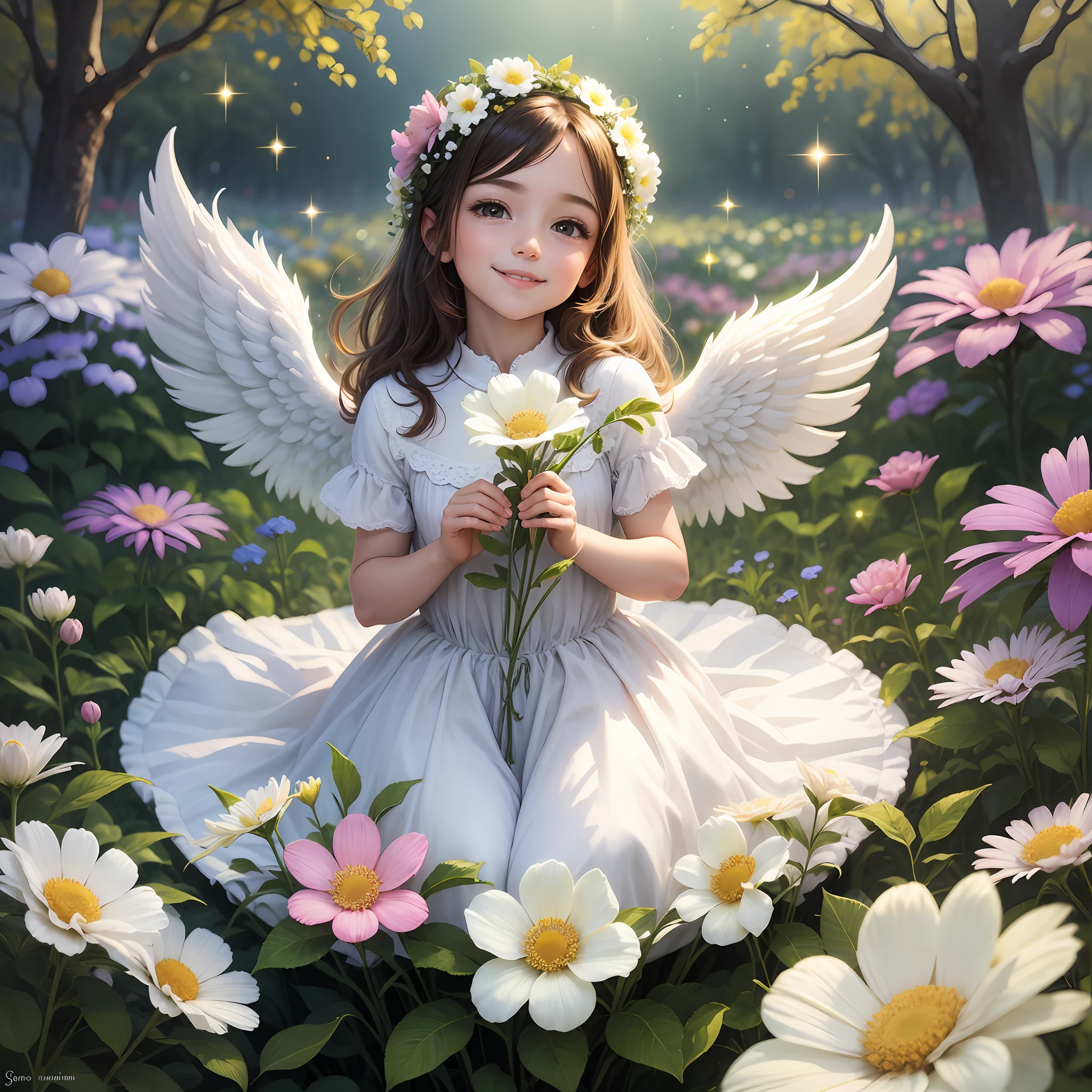 angel, , watching, gentle, light, smile, sparkle, magic, gorgeous flower garden, bright background