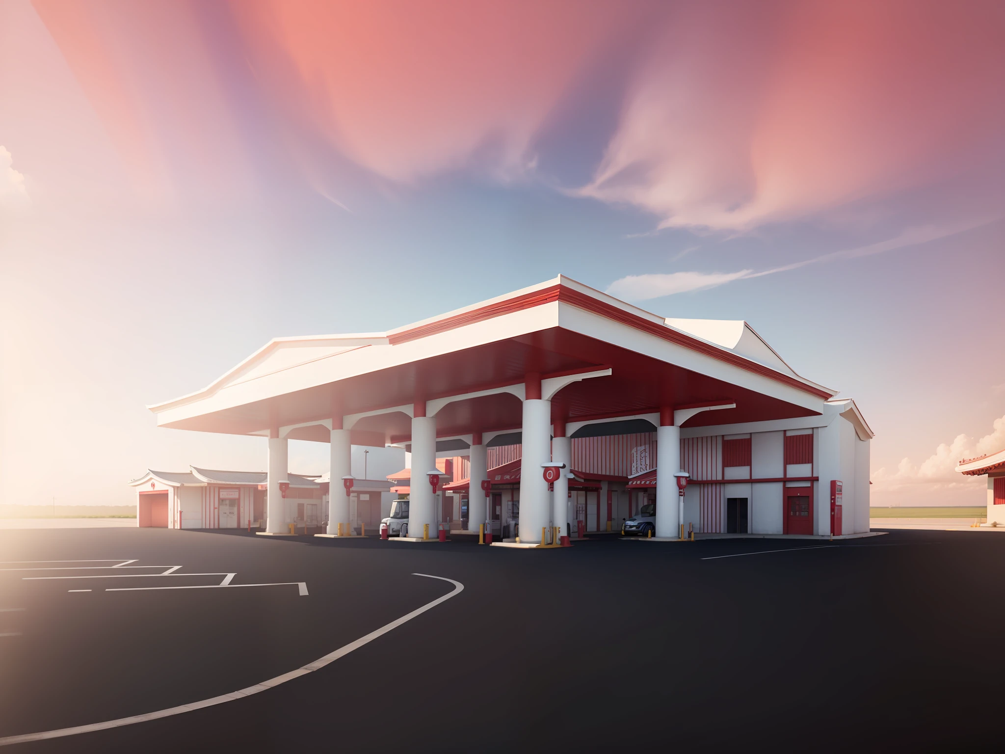 Masterpiece, gas station, canopy, pillar, new Chinese style, white pillar, red canopy, sunny, clear, extreme detail, noon, 4k