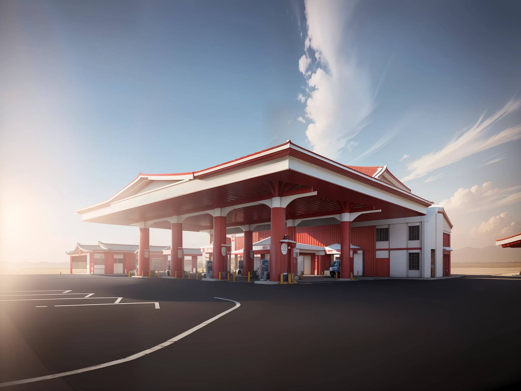 Masterpiece, gas station, canopy, pillar, new Chinese style, white pillar, red canopy, sunny, clear, extreme detail, noon, 4k