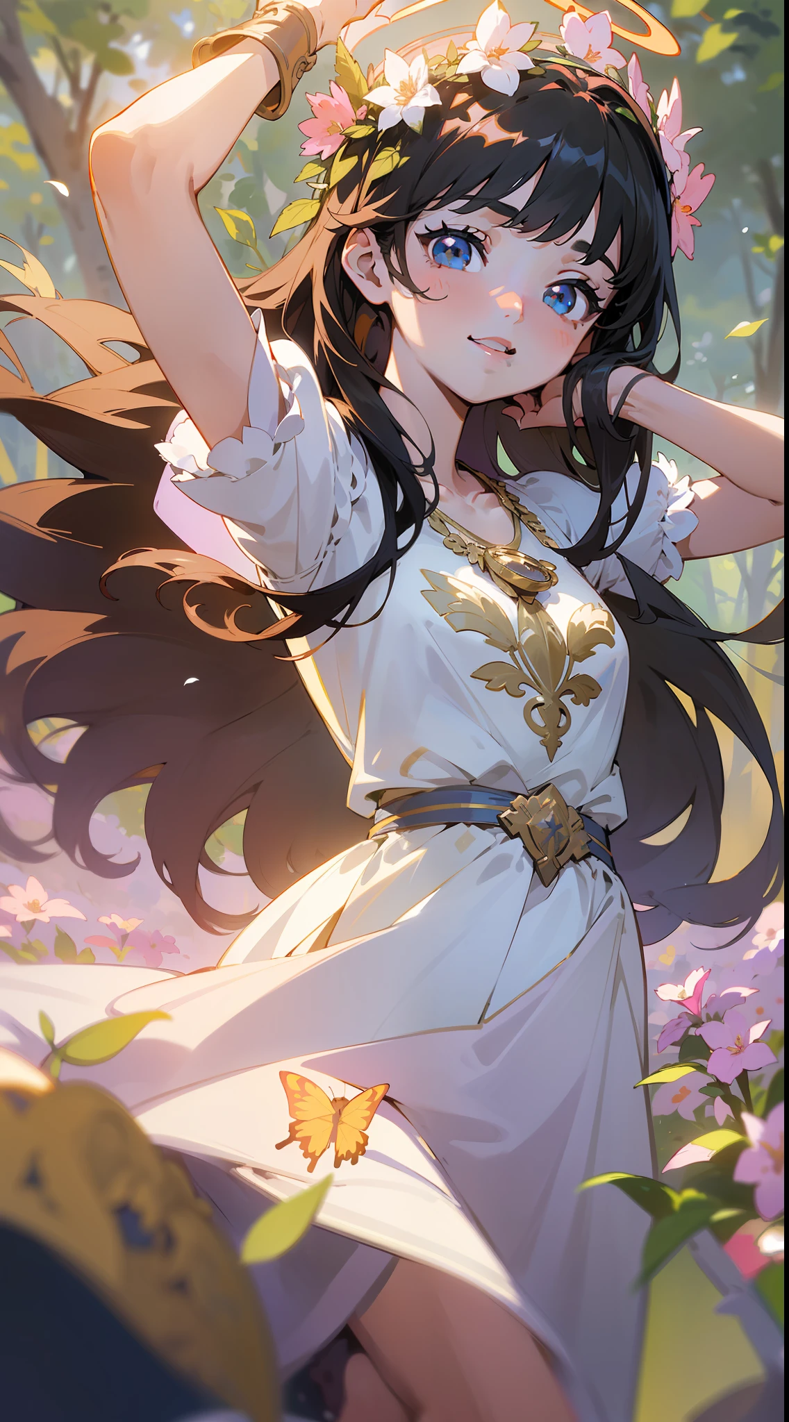 (Alpha ounce Mucha composition: 0.3), (Decorative composition: 1.6), Masterpiece, High quality, (((Photoreal)), Cinematic direction, (High Contrast), Depth of Field, (Award-winning difference photo), Face detail, Detailed drawing, There is a place in the forest where flowers bloom, Girl dancing in a snow-white summer dress in that flower garden, the girl is 9 years old, Black hair berry long hair, summer sky, summer clouds, (summer dazzling sunlight: 1.4), flower garden, girl with open arms, necklace, flower crown, butterfly, fluttering petals, dynamic movement, (dance), smile, show teeth, (((flower)), liana, leaf, (dazzling halo), anime face. Anime mouth, anime nose, anime eyes,