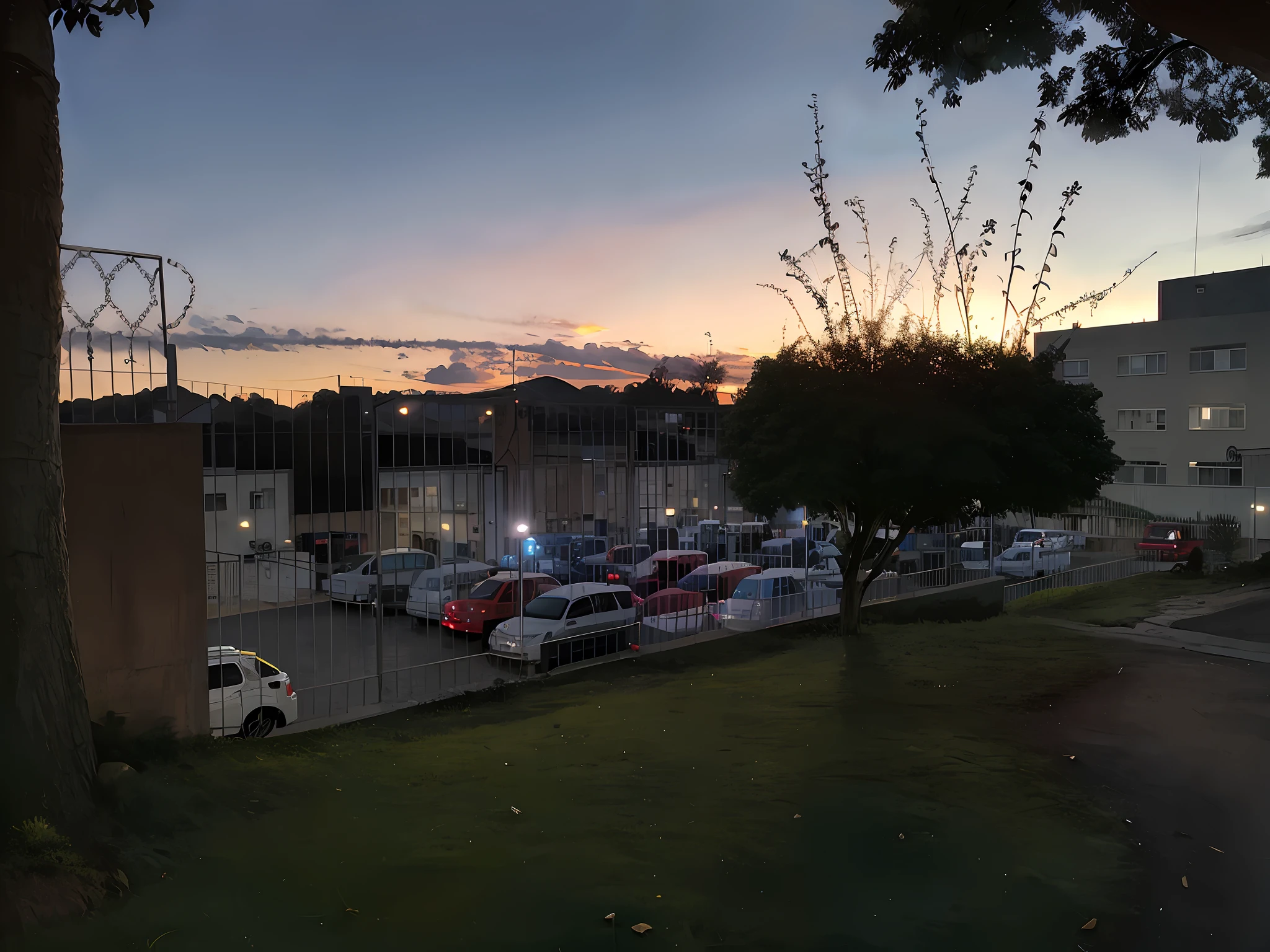 cars parked in a parking lot at dusk with a fence, taken at golden hour, taken with sony alpha 9, beautiful late afternoon, taken with sony a7r camera, middle shot, captured with sony a3 camera, taken with a canon dslr camera, sunset view, at dusk at golden hour, at sunset, parking lot, the sun is setting