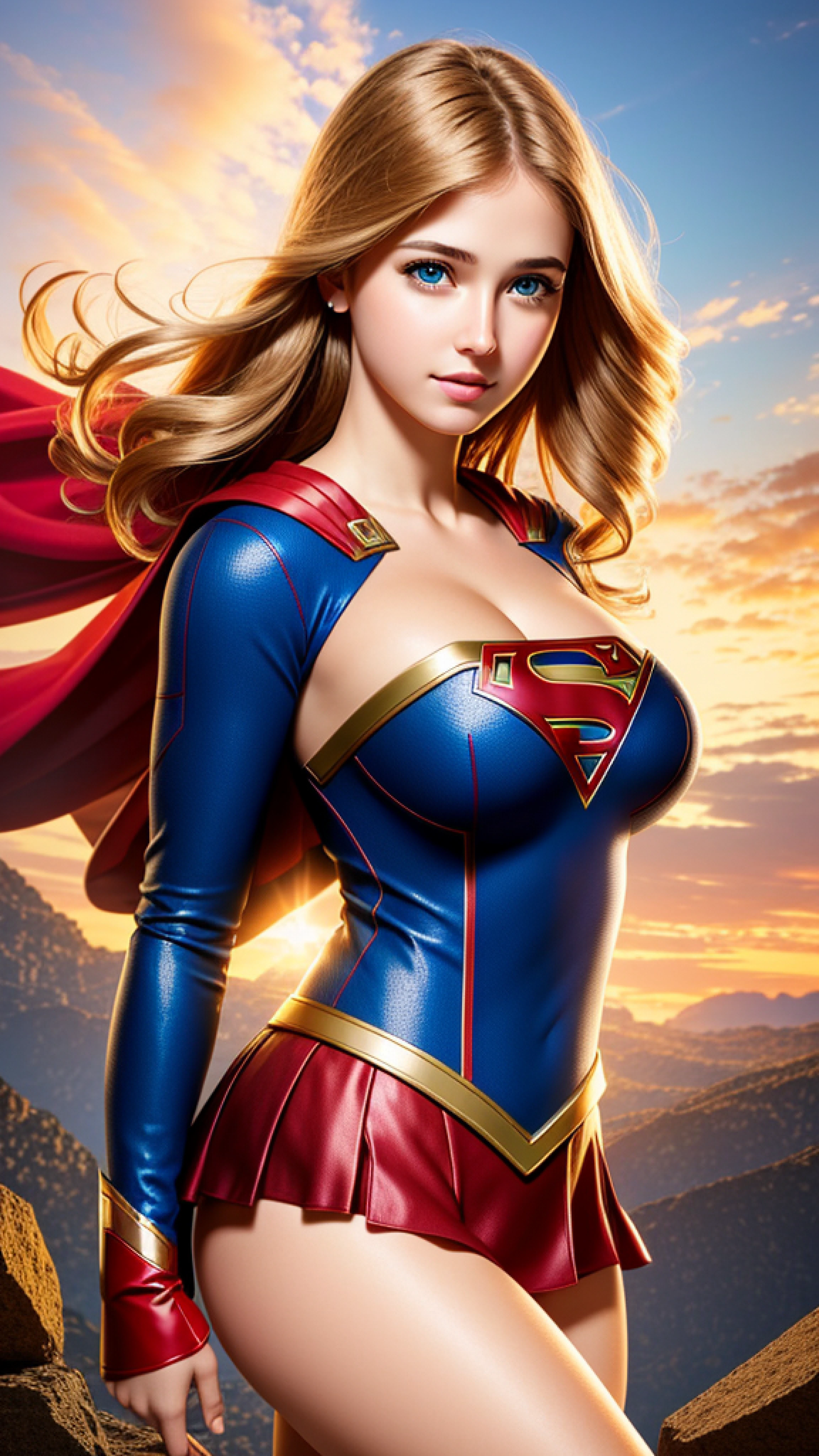 photo portrait of the Supergirl, colorful, realistic round eyes, dreamy magical atmosphere, superheroine costume, (large breasts:1.3),