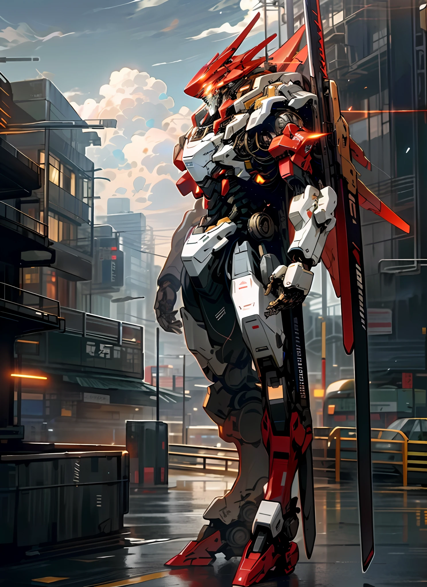 Sky, Clouds, holding_weapon, no_humans, Glow, Robot, Architecture, glowing_eyes, Mecha, Science Fiction, City, Reality, Mecha, Red Gold as the main color, revealing the whole body, looking down view