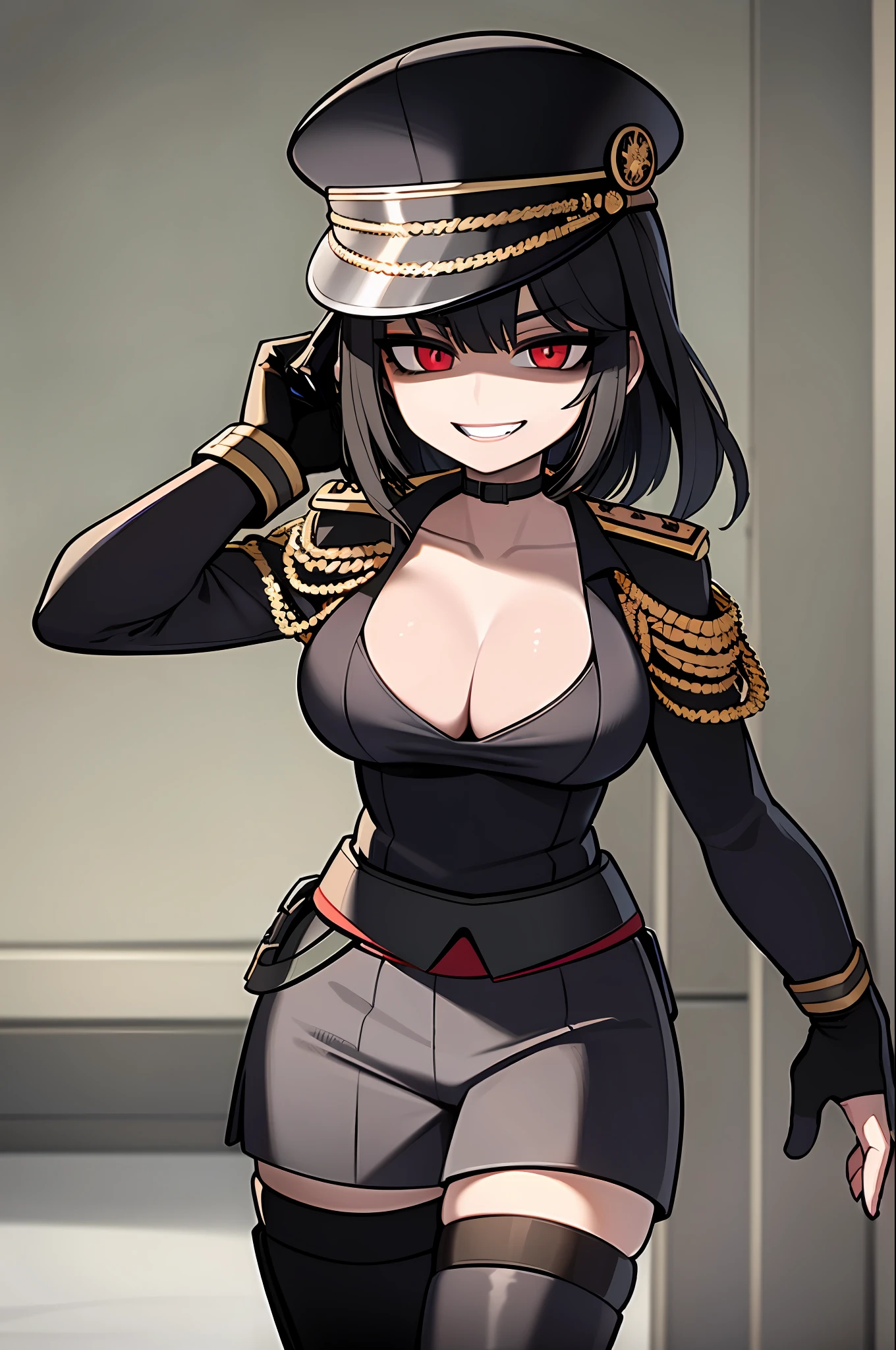 m((masterpiece, best quality)), (1girl), (solo), (female focus), female goth army officer, black leather german uniform, wearing army leather hat, strong makeup, large breasts, tall woman, black hair, red eyes, horns, deep shadows, constricted pupils, empty eyes, yandere, smile from corner of mouth