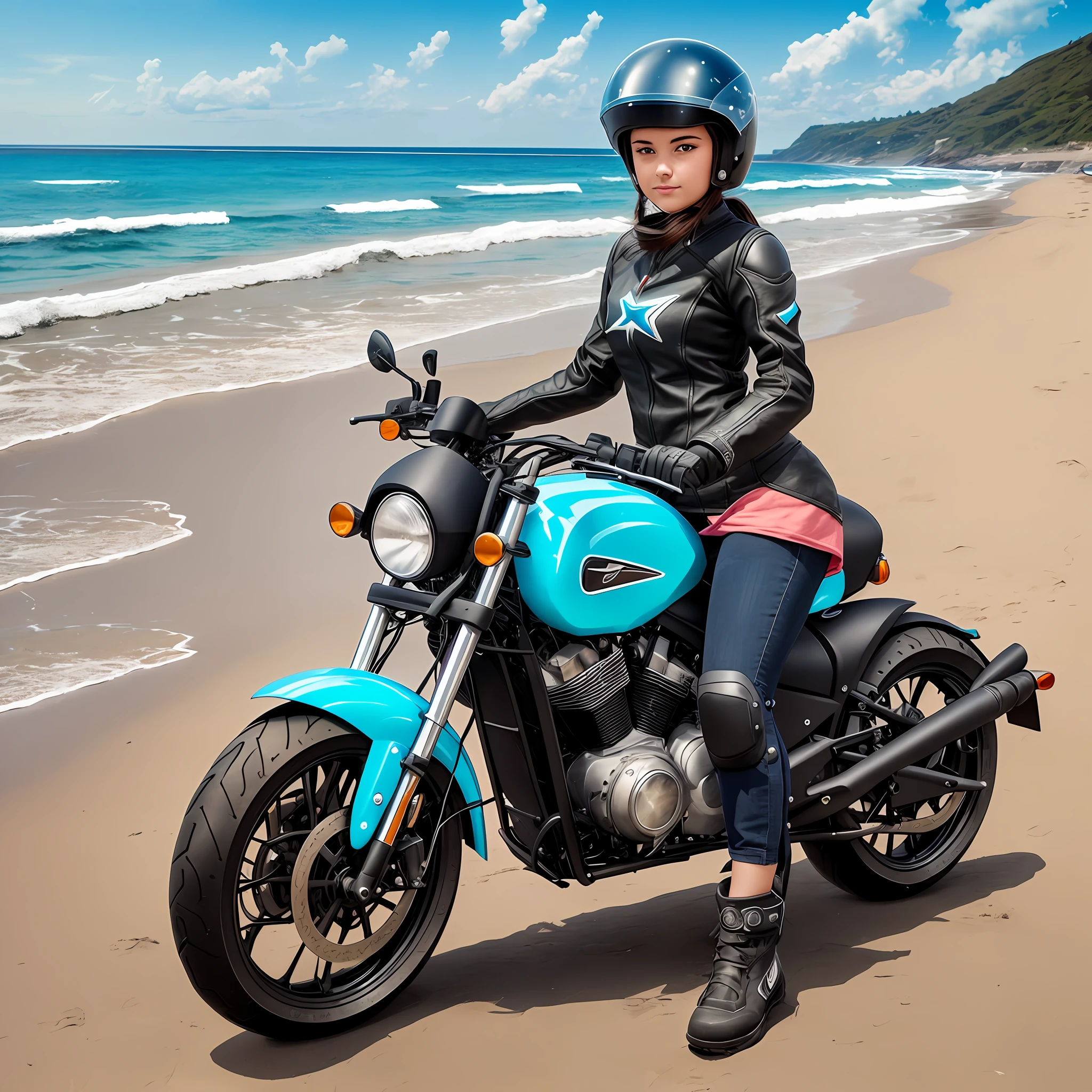 From this image generated the following image: young woman standing next to the mage's motorcycle on the beach, perfect pose, customized M80, near the sea, without helmet, at the sea, looking at the camera --auto --s2