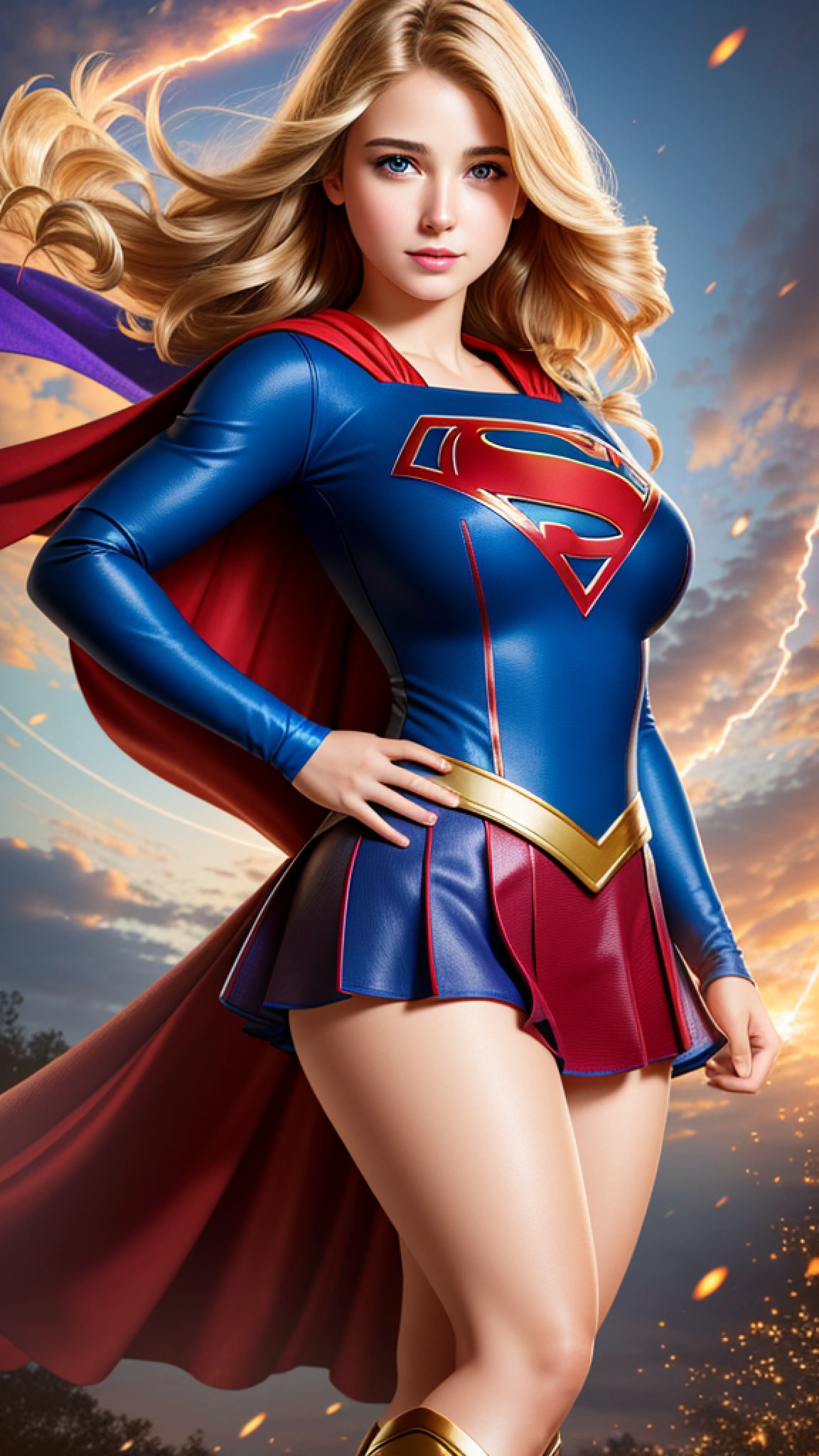 photo portrait of  the Supergirl, colorful, realistic round eyes, dreamy magical atmosphere, superheroine costume,  (large breasts:1.3),