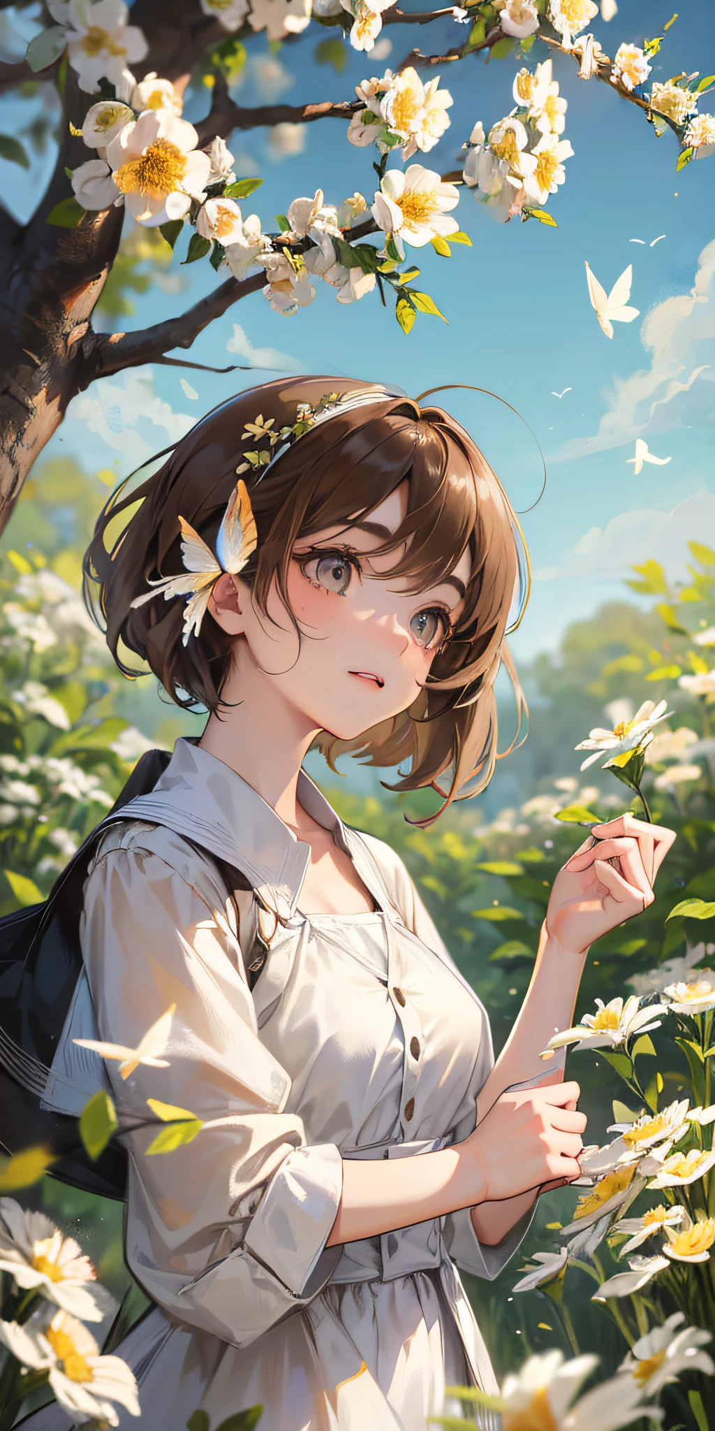 High Detail, Ultra Detail, Ultra High Resolution Light brown eyebrows, short brown hair girl enjoying her time in open field, surrounded by the beauty of nature, warm sun sprinkling on her, white flowers gently swaying in the breeze. Butterflies and birds flutter around her, adding to the playful atmosphere , --v6
