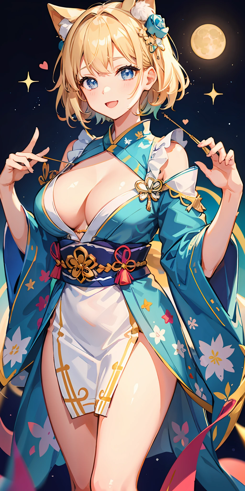 1girl, bright, blonde, light blue eyes, heart motif, star, moon, short hair, uniform bangs, multicolored hair, princess, saleme, side lights, light particles, wallpaper, big, plump, idol, amazing costume, kimono, kimono, yukata, hada, chest, cleavage, sexy, loose, fluffy, smile, gentle, clear, loli,