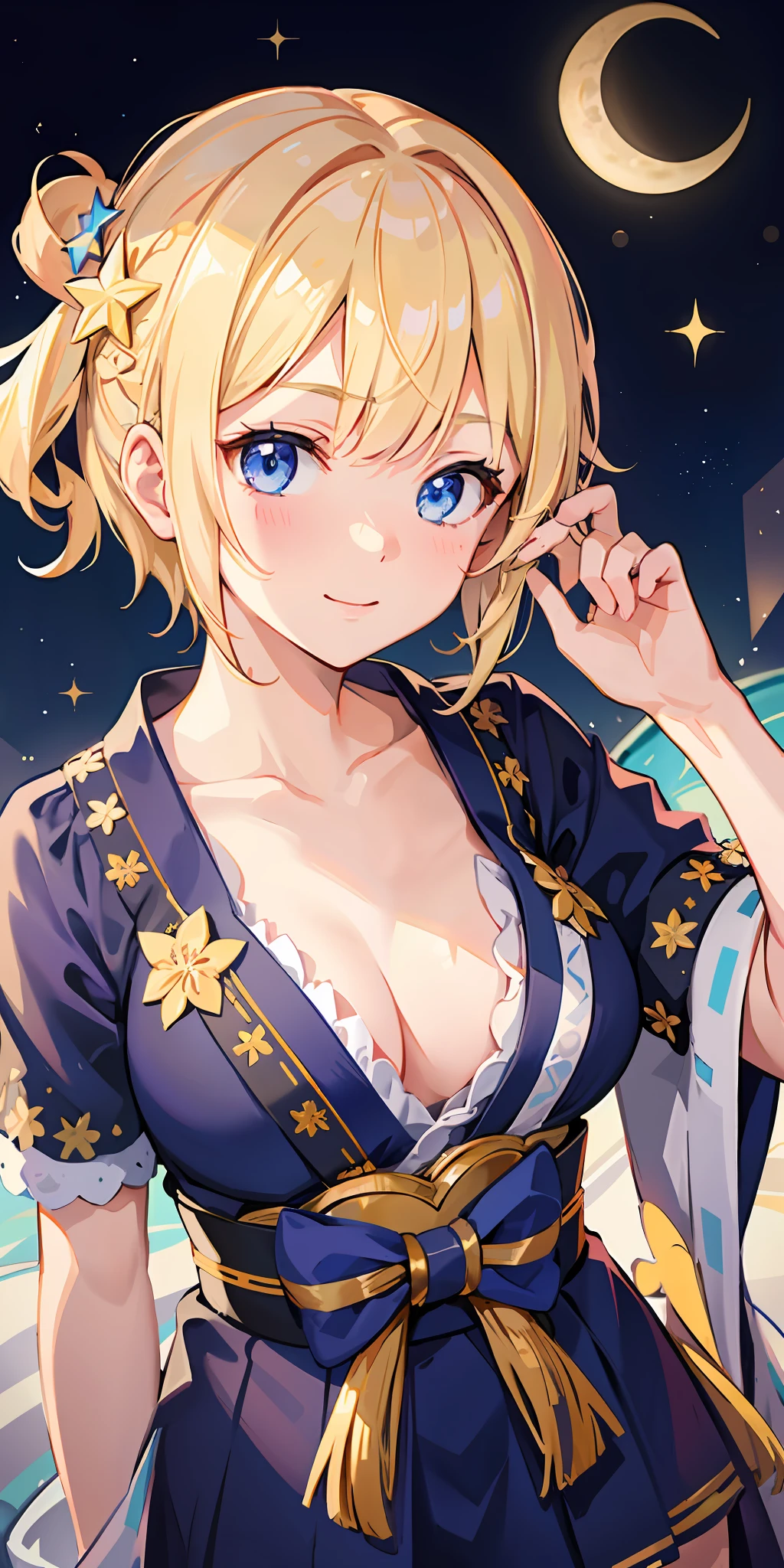 1girl, bright, blonde, light blue eyes, heart motif, star, moon, short hair, uniform bangs, multicolored hair, princess, saleme, side lights, light particles, wallpaper, big, plump, idol, amazing costume, kimono, kimono, yukata, hada, chest, cleavage, sexy, loose, fluffy, smile, gentle, clear, loli,