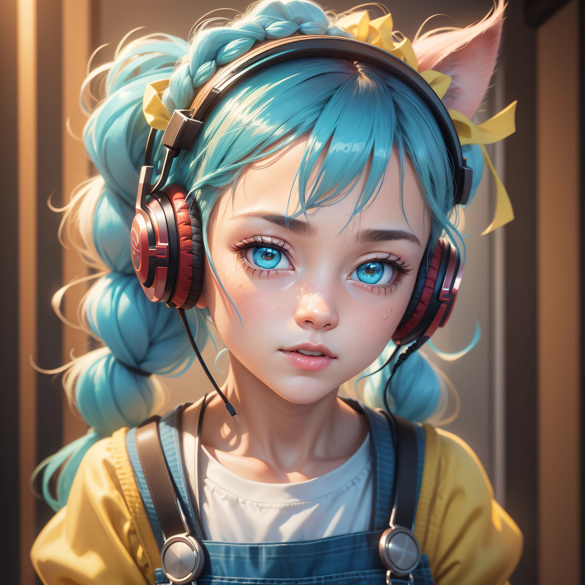 (Highly detailed CG Unity 8k wallpaper, masterpiece, top quality, super detail), floating, shining eyes [(headband, earrings, braided pig tail hair with headphones, (cyan: 1.5 | red: 1.2), (light yellow: 1.3)): overalls): --auto --s2