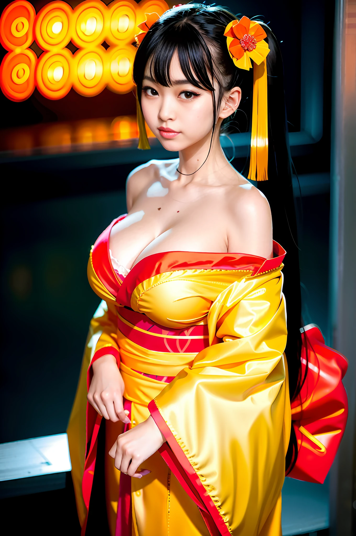((gorgeous Golden kimono)),((gorgeous orange kimono)),((gorgeous pink kimono)),((gorgeous red kimono)),((royal textured kimono)), (((smile:1.0, laugh:1.0))),
1girl, solo, makeup, highres, large breasts:1.4 , cleavage, looking at viewer, smile, bangs, bare shoulders, black hair,collarbone, crossed bangs, hair between eyes, hair ornament, hair ribbon, huge breasts, japanese clothes, large breasts, long hair,mask, mask on head, off shoulder, parted lips, red eyes, red kimono, red ribbon, ribbon, striped ribbon, taihou \(azur lane\), twintails, very long hair, wide sleeves,(shiny skin), sash,
night, detailed background, Cyberpunk world, Modern metropolis, neon,sfw:1.8,