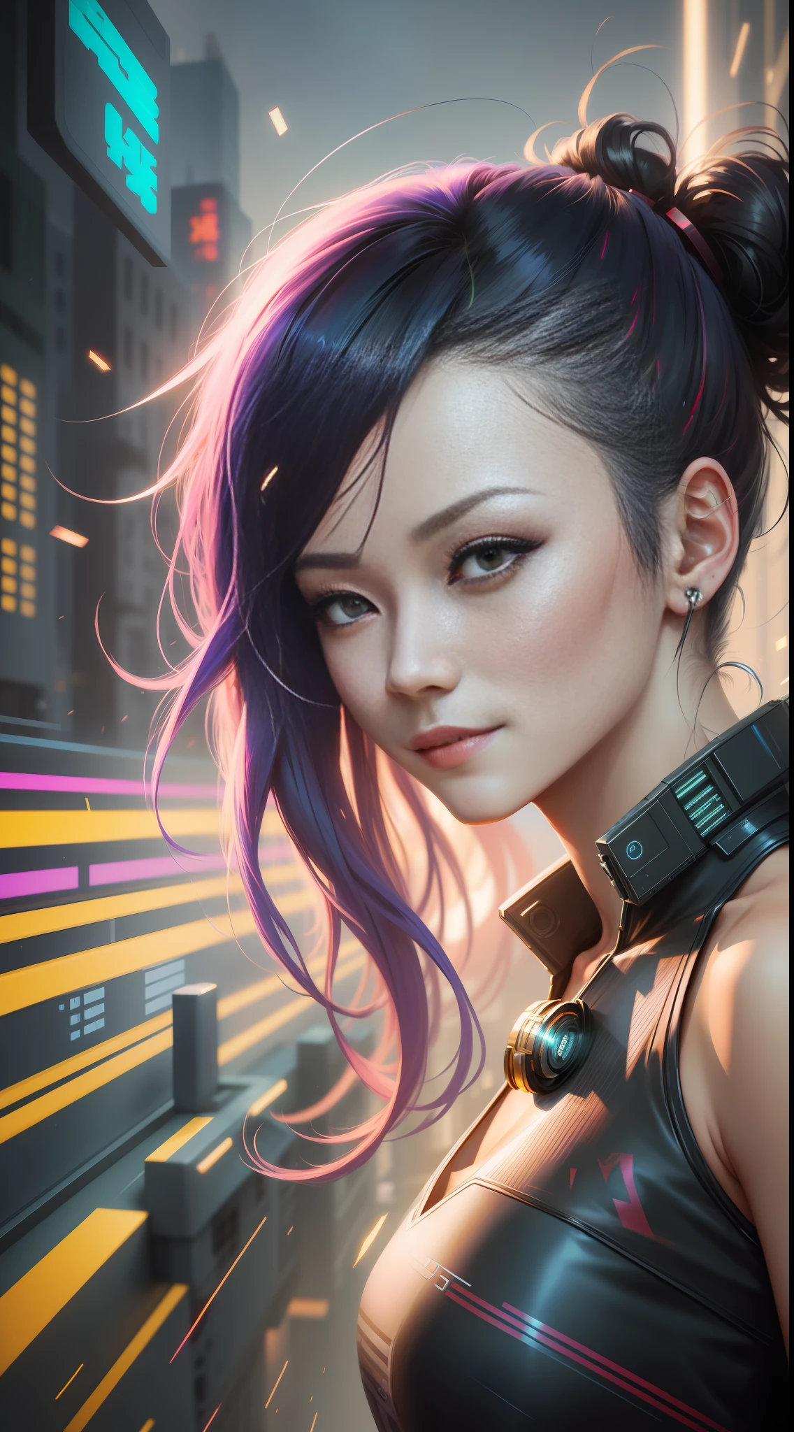 Beautiful hyperrealistic photograph of cute smiling asian cyberpunk female, shapeless cyberpunk hair, (((dynamic pose))), elegant pose, cyberpunk street background, abstract beauty, near perfection, pure form, Golden Ratio, minimalism, concept art, By Brian Froud and Carne Griffiths and Wadim Kashin, intricate detail, 8k post-production, High resolution, super Detail, trending on ArtStation, sharp focus, studio photos, intricate detail, Very detailed, By Greg Rutkowski