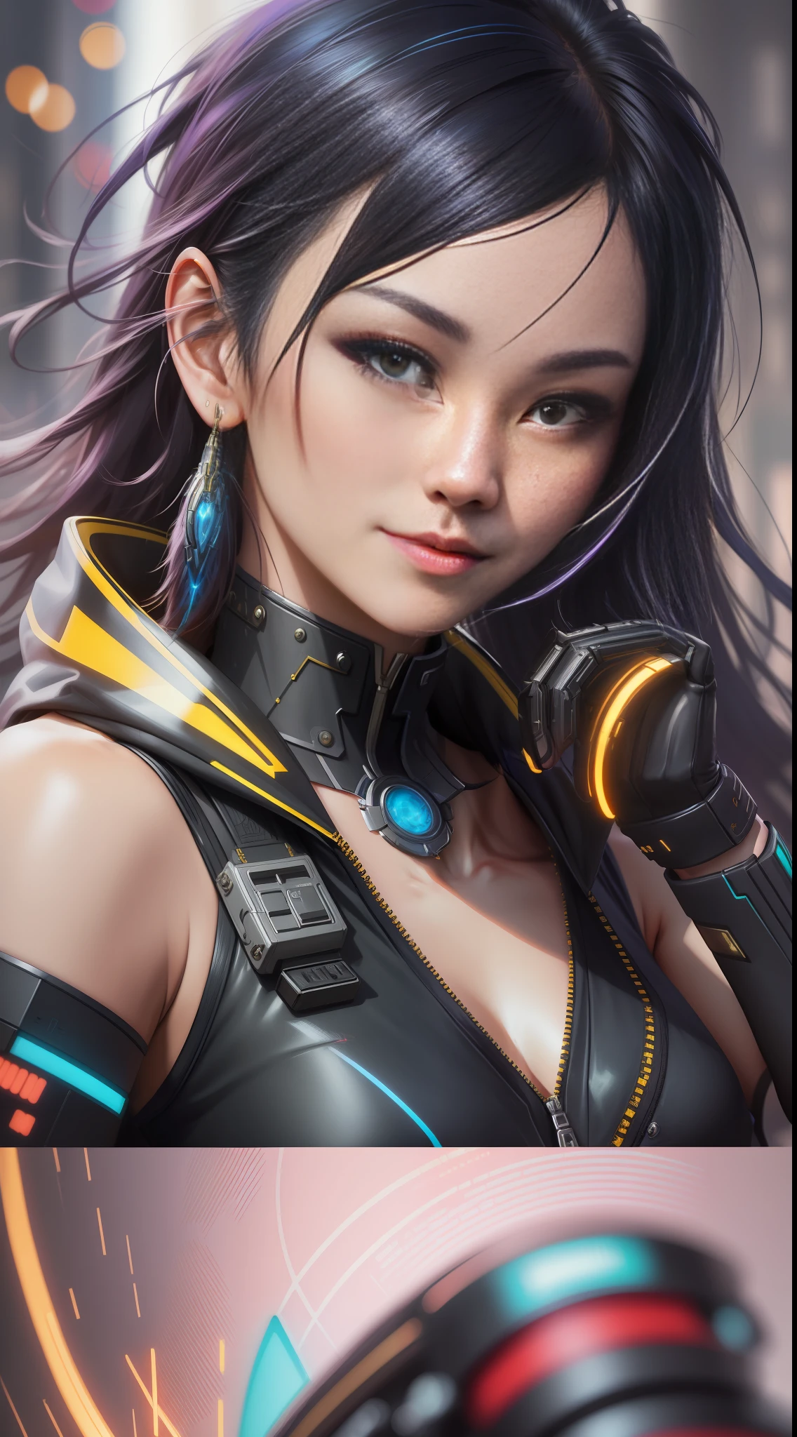 Beautiful hyperrealistic photograph of cute smiling asian cyberpunk female, shapeless cyberpunk hair, (((dynamic pose))), elegant pose, cyberpunk street background, abstract beauty, near perfection, pure form, Golden Ratio, minimalism, concept art, By Brian Froud and Carne Griffiths and Wadim Kashin, intricate detail, 8k post-production, High resolution, super Detail, trending on ArtStation, sharp focus, studio photos, intricate detail, Very detailed, By Greg Rutkowski