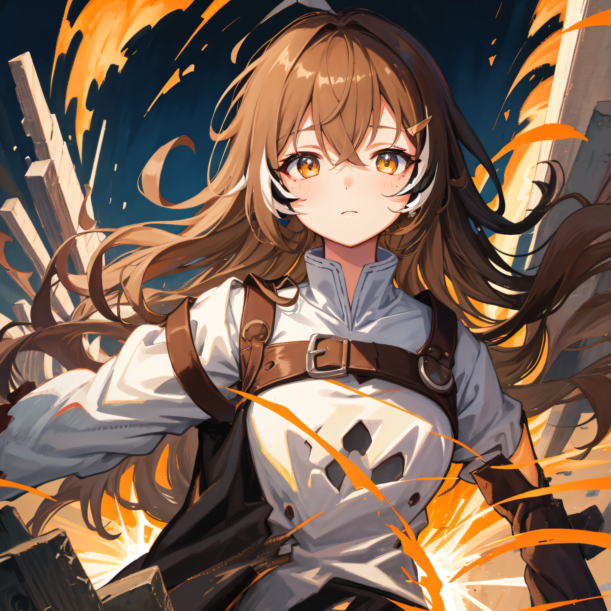 (人物: Nanashi Mumei), {brown hair}, (masterpiece:1.2), 1girl, solo, best quality, shiny skin, hyper detailed ultra high res, cute, looking at viewer, extremely detailed wallpaper, close up portrait, ((destroyed)),explosion, buildings in disarray, The residual eaves DuanBi, cumulus, mouldy, floating, wind, Dead end machine,(broken robot), in the rubble of a devastated city