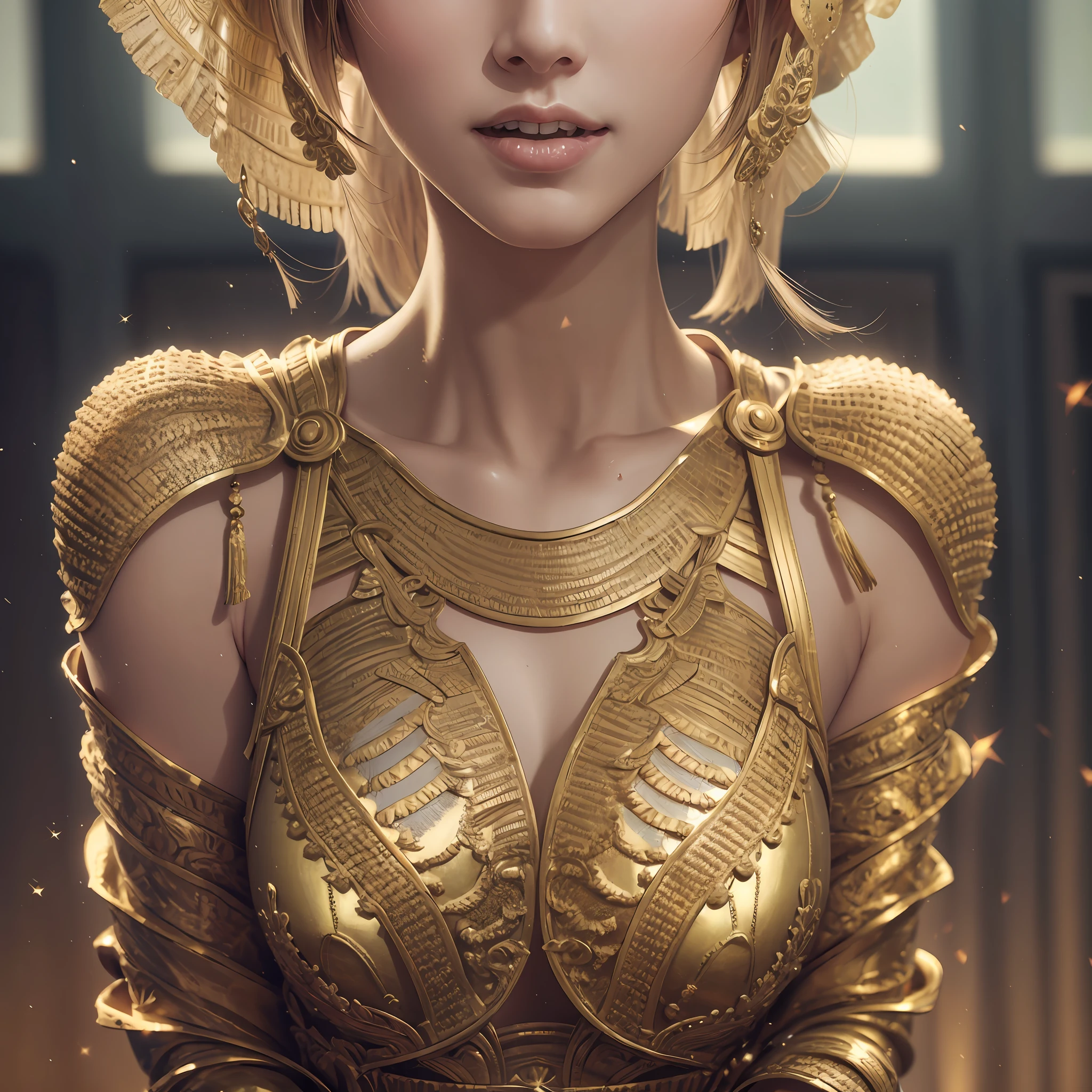 Alignment of teeth, gazing with love, full body, 4k, high definition, live action, best quality, head: 1.3, (American pop singer), skin detailed, in focus, (cinematic lighting), collarbone, morning, soft lighting, dynamic angle, [: (face detail: 1.2): 0.2], thigh gap, gold transparent pink clothes, slender, cleavage, Detailed big --auto --s2