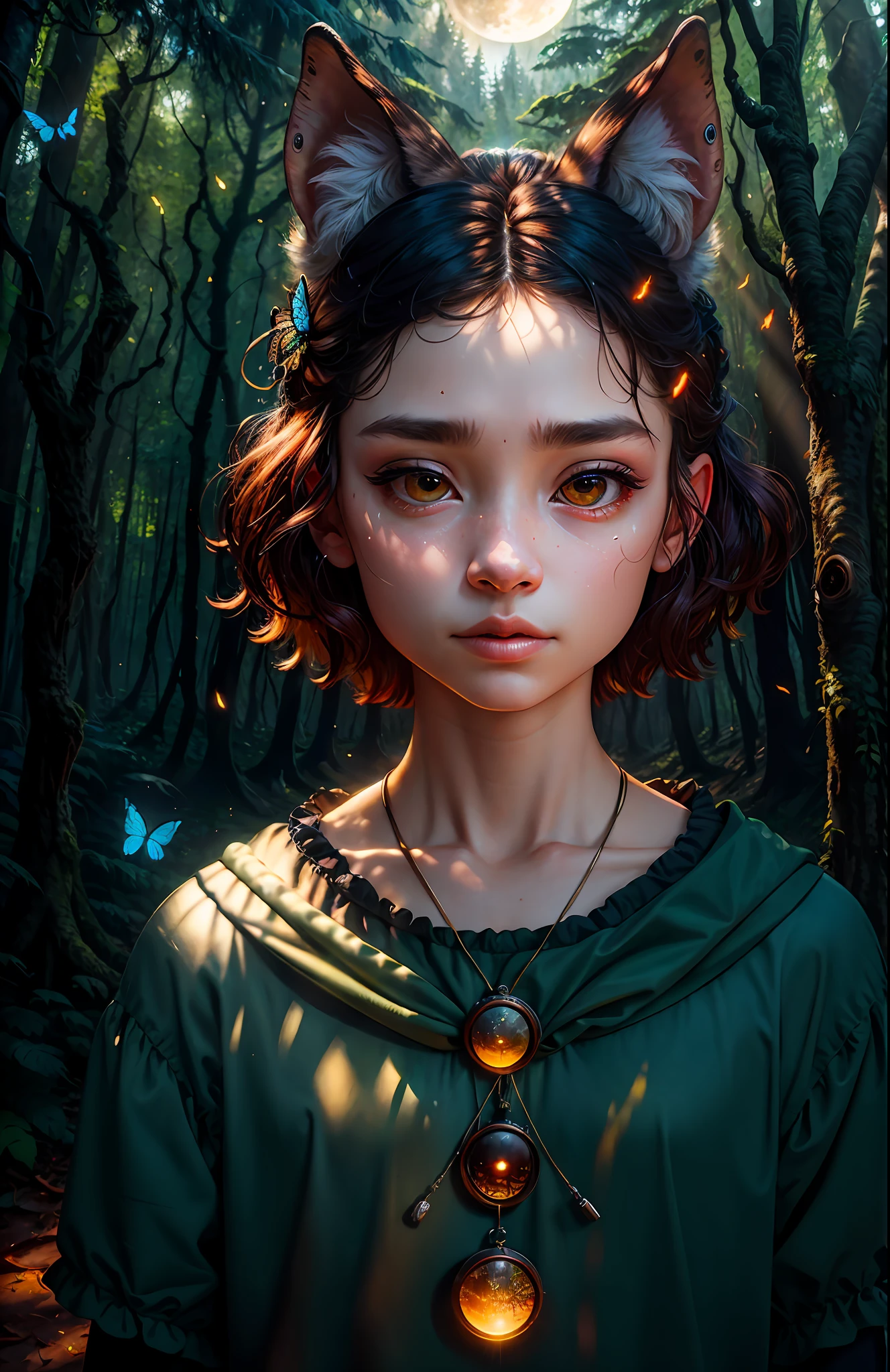 (close-up), (1 girl)) ragged, (1 piglet)) a puppy in his hand, dog tail, (night), (full moon), masterpiece, high quality, single focus, (total: 1.04), (red eye: 1.1), full body, high angle, (perfect face: 1.1) body, navel closed, closed, eyes raised, very detailed eye face, glare, big eyes, forest in the background, dense forest, butterfly, firefly, nikon d850 4 kodak portra 400 camera f1.6 lenses are colorful, ultra-realistic textures, and dramatic Unreal Engine lighting are popular on the Artstation Synestill 800