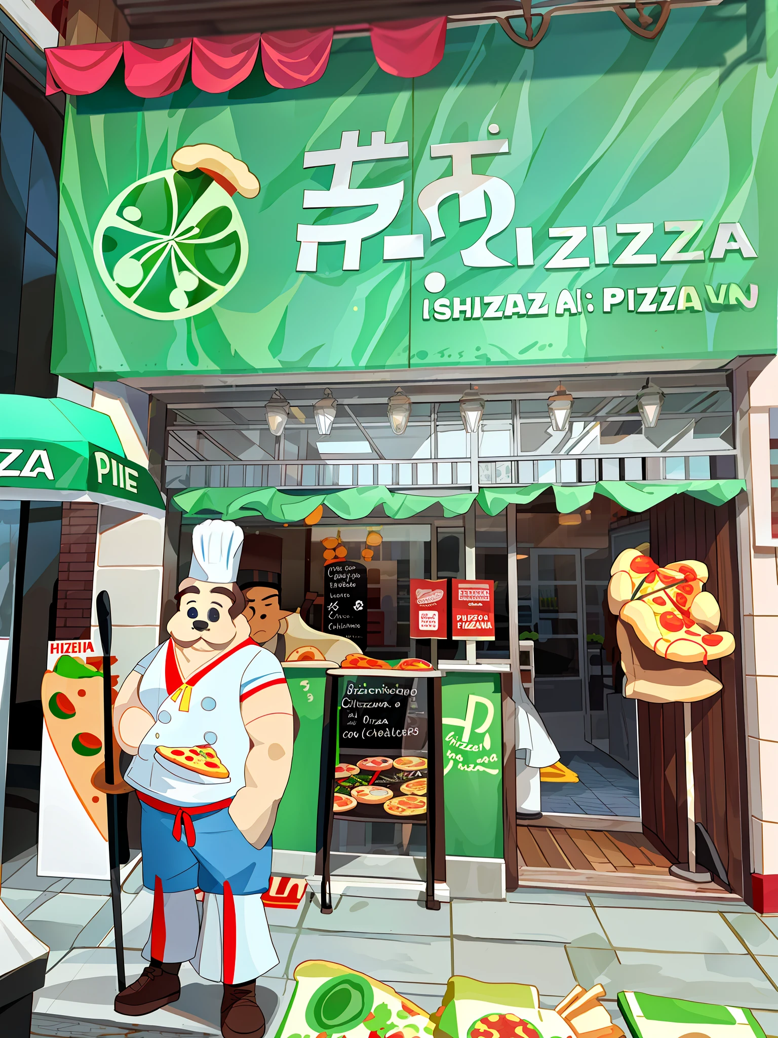 Outside the pizzeria stands a statue of a chef, Pizza, Pizza with a large pizza, presented with a large pizza, Pizza Hut. Store design, detail design, whole house design,