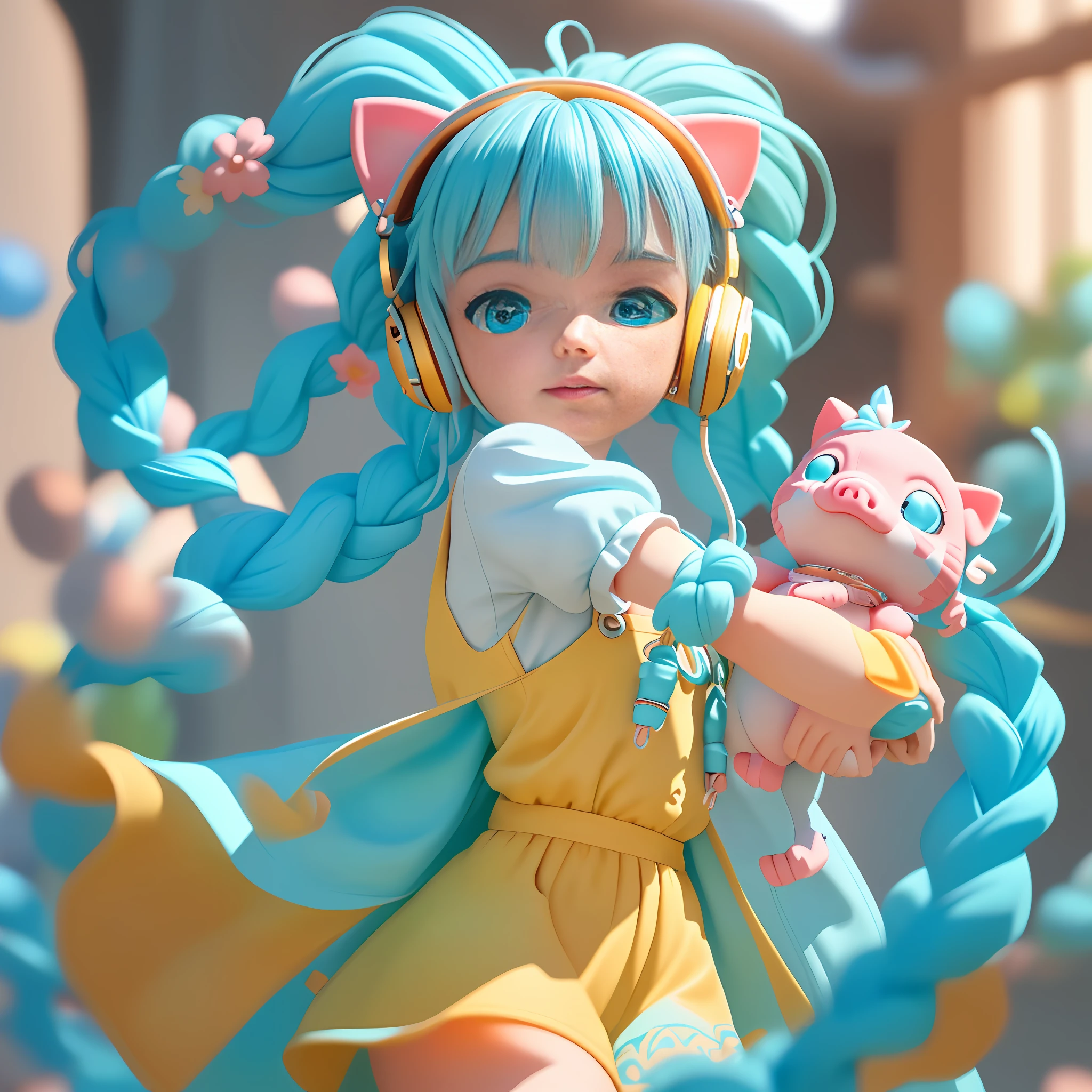 (Extremely detailed CG Unity 8k wallpaper, masterpiece, best quality, super detailed), (best lighting, best shadow, extremely delicate beauty), floating, sparkling eyes
	
[(Headbands, earrings, (cyan: 1.5|red: 1.2) braided pig's tail hair with kitten headphones, (light yellow: 1.3) overalls) :: 0.8]