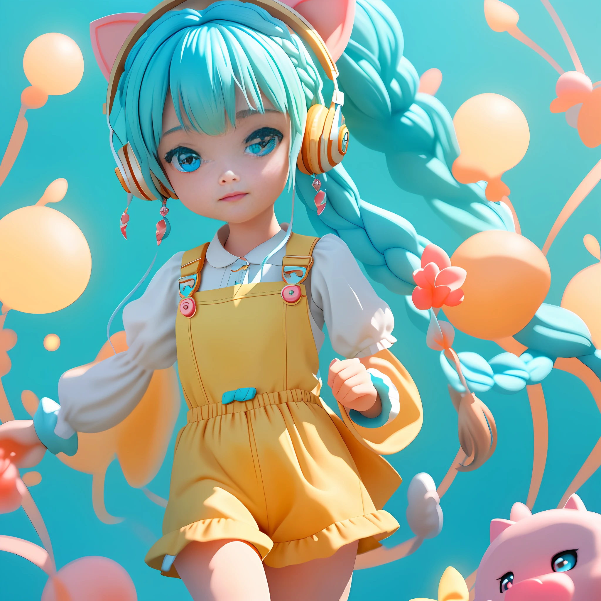 (Extremely detailed CG Unity 8k wallpaper, masterpiece, best quality, super detailed), (best lighting, best shadow, extremely delicate beauty), floating, sparkling eyes
	
[(Headbands, earrings, (cyan: 1.5|red: 1.2) braided pig's tail hair with kitten headphones, (light yellow: 1.3) overalls) :: 0.8]