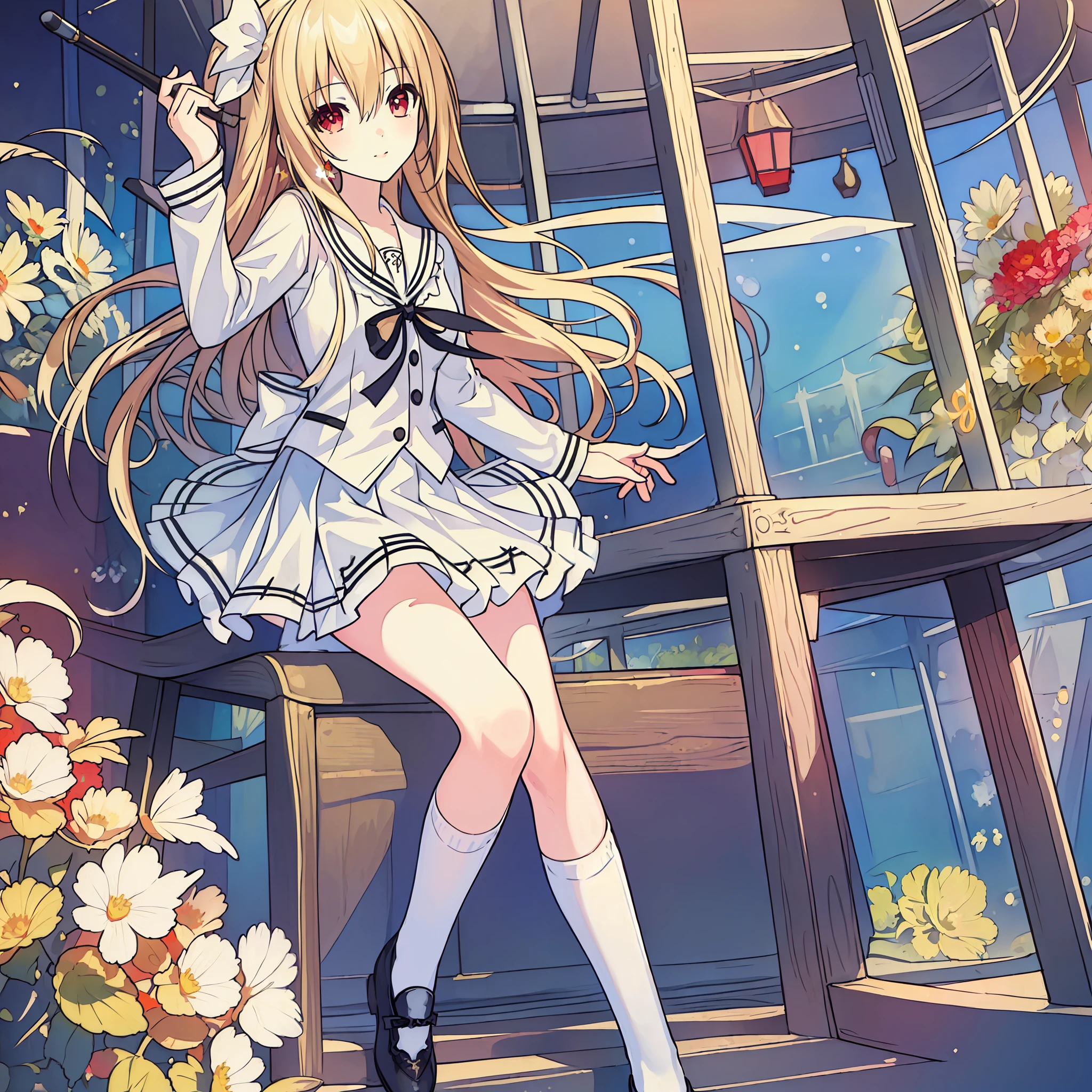 18 year old beautiful girl, ((((Masterpiece)))), ((highest quality)))), ((very detailed))), detailed fingers, precise fingers, not unnatural hands, illustration, 1 girl, solo, blonde right side pony, blonde long hair, white ribbon on right hair, white school uniform, red eyes, white mini skirt, white knee socks, black shoes, dynamic pose, MAYURI