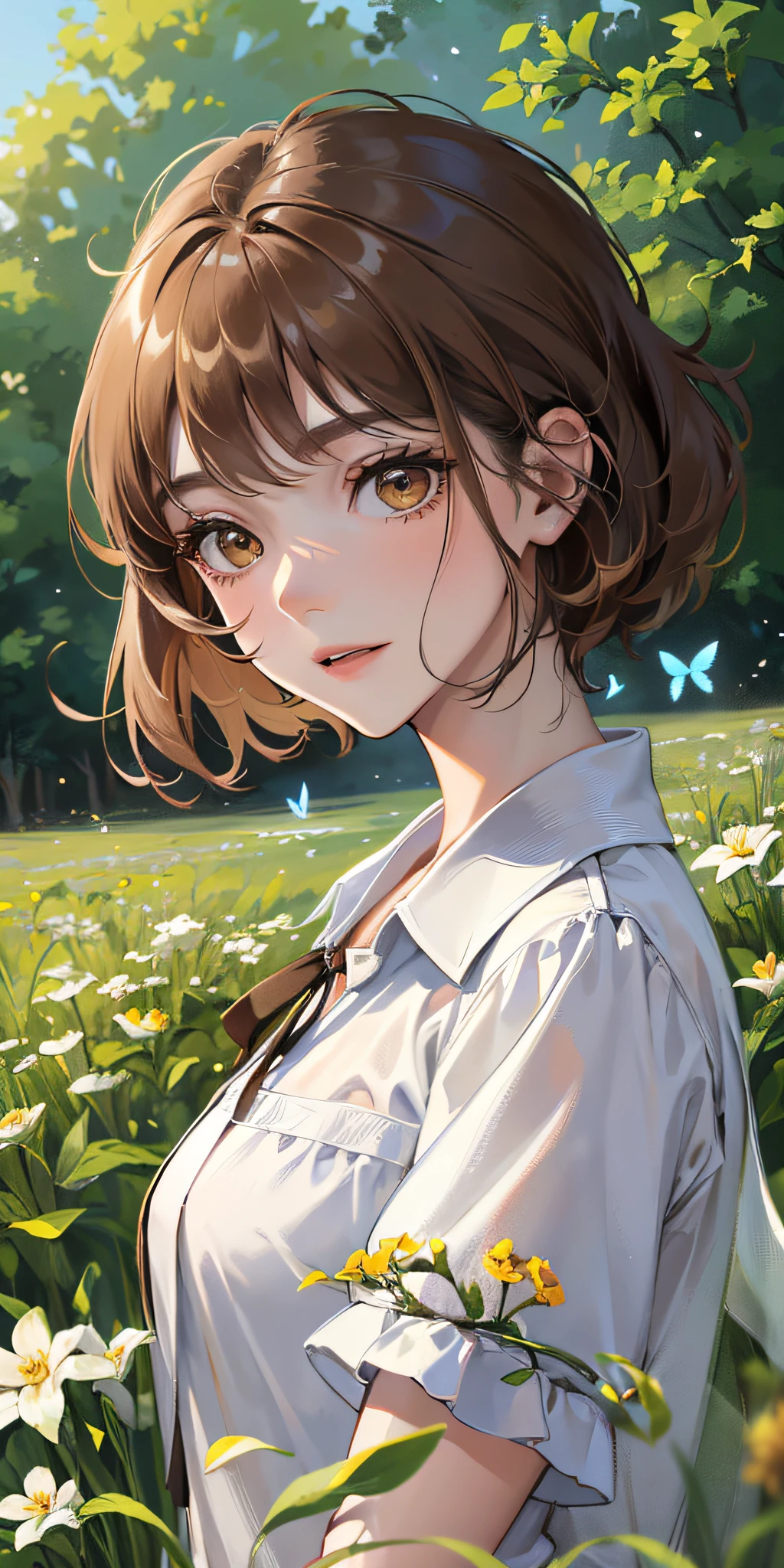 High detail, super detail, super high resolution Light brown eyebrows, short brown hair girl enjoying her time in open fields, surrounded by the beauty of nature, warm sun sprinkling on her, white flowers gently swaying in the breeze. Butterflies and birds flutter around her, adding to the playful atmosphere, simple background, --v6