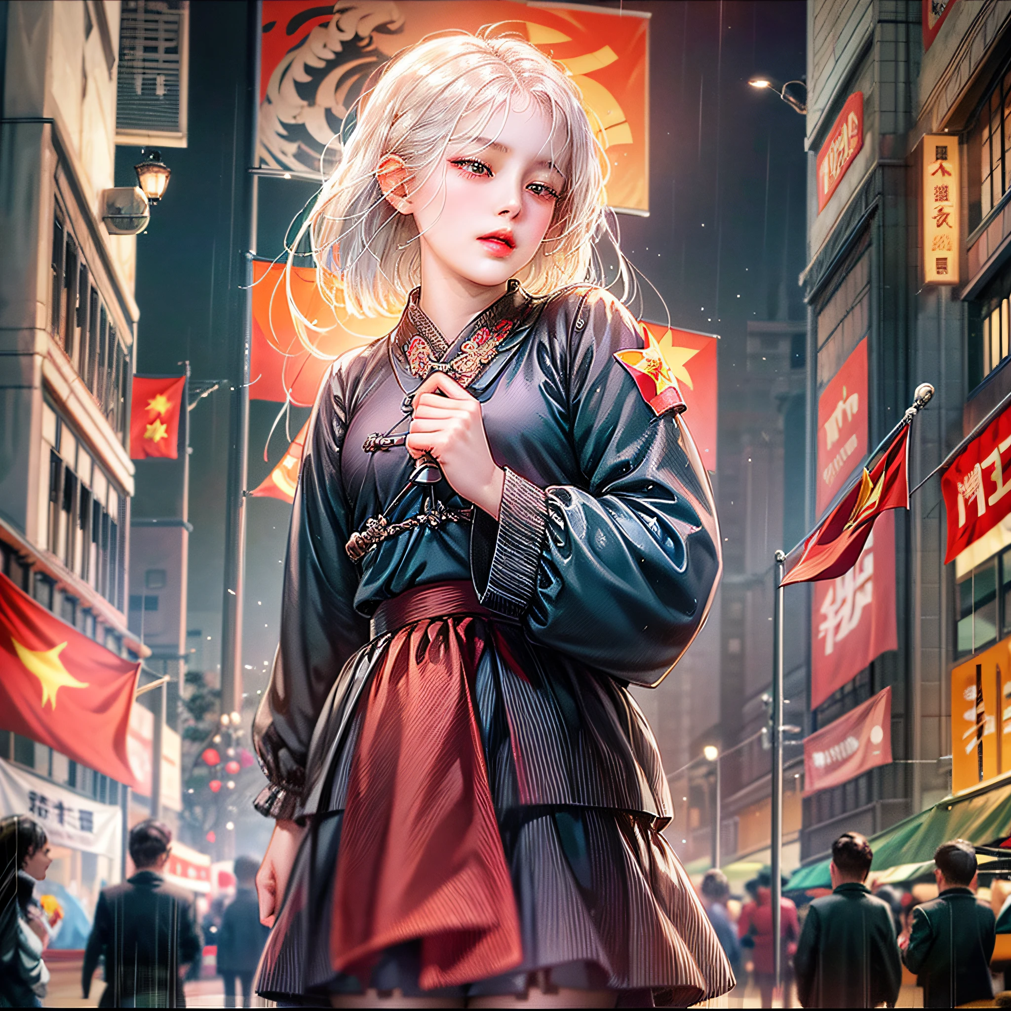 At night, it was raining lightly, the crowd gathered, the young girl listened to the communist speech, her side face was concentrated, holding the small Chinese national flag, her eyes were full of future and hope, her mouth was slightly open, white hair, black skirt and black head rope, Chinese style communist style, background billboard communist style --auto --s2