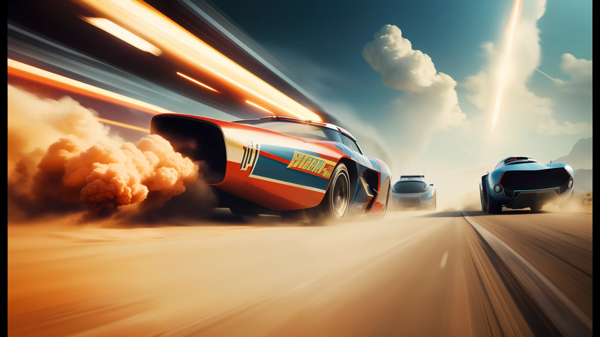 cars driving on a road with a lot of dust coming out of the back, promotional images, speed racer, by Itshak Holtz, skyfall, cinematic style photograph, by Vincent Lefevre, game icon asset, with a long, vehicle design, rocket ship, firestorm, blast, ad image