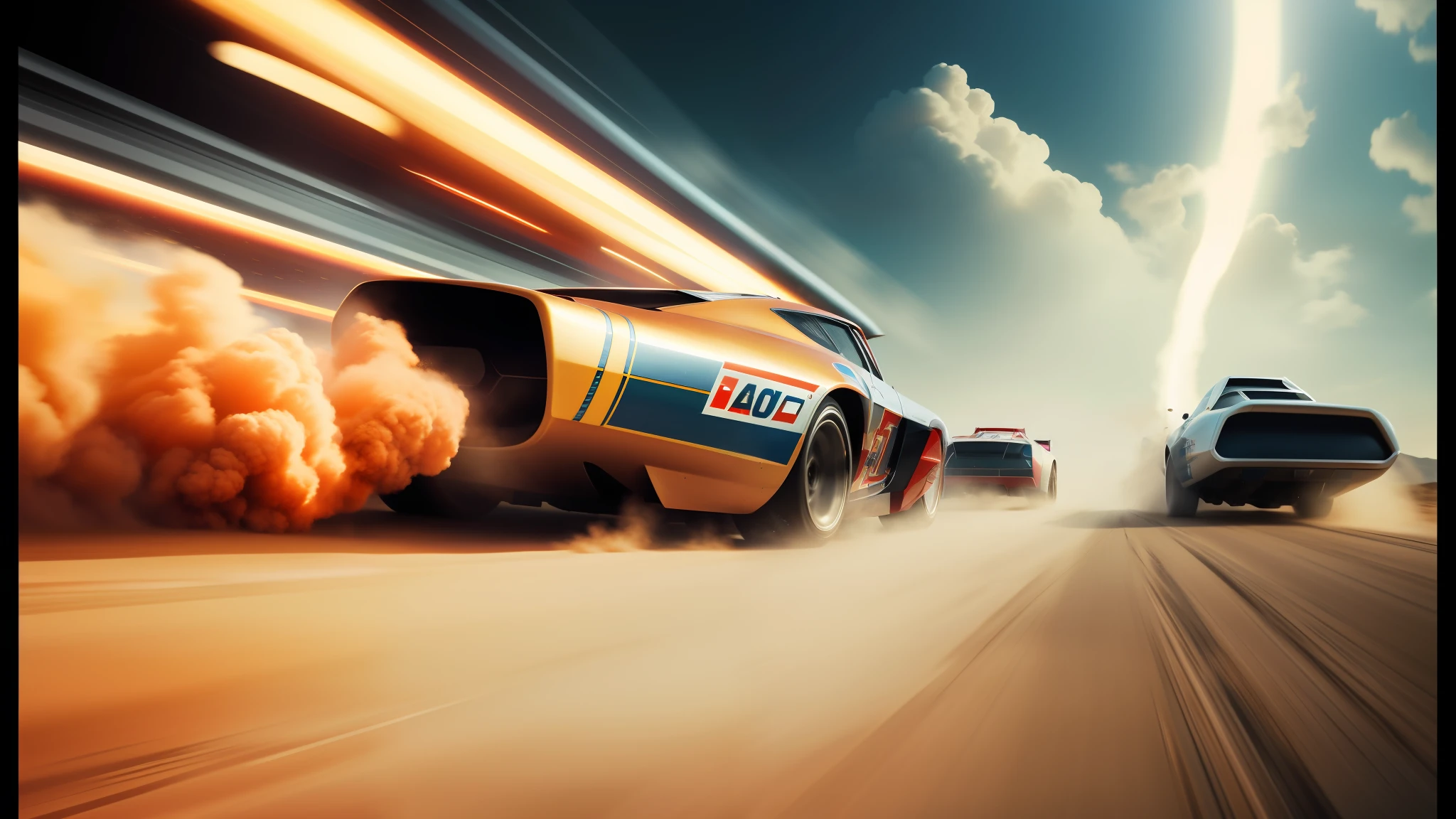 cars driving on a road with a lot of dust coming out of the back, promotional images, speed racer, by Itshak Holtz, skyfall, cinematic style photograph, by Vincent Lefevre, game icon asset, with a long, vehicle design, rocket ship, firestorm, blast, ad image