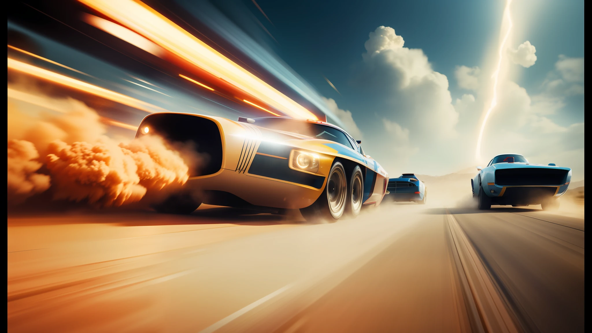 cars driving on a road with a lot of dust coming out of the back, promotional images, speed racer, by Itshak Holtz, skyfall, cinematic style photograph, by Vincent Lefevre, game icon asset, with a long, vehicle design, rocket ship, firestorm, blast, ad image