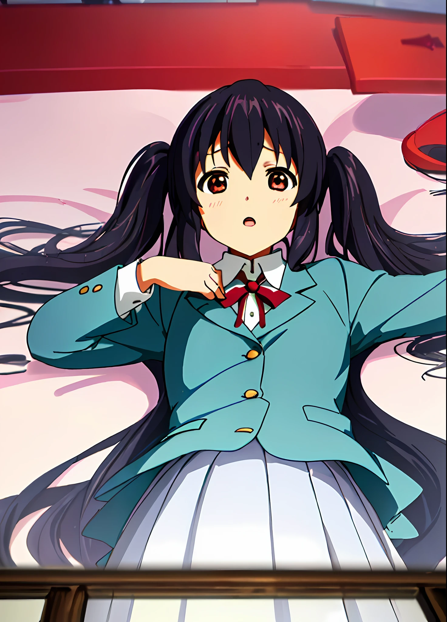 1girl, ((((Masterpiece))), Best Quality, Best Quality, High Detail, Azusa Nakano, 1girl, Sakuragaoka High School Uniform, Musical Instrument, School Uniform, Twin Tails, Long Hair, Black Hair, Brown Eyes, Solo, Red, Dark blue blazer with a thin ribbon of red, Solid white button shirt under blazer, Illustration, Cartoon, Soothing tones, Muted colors, Soft cinematic light, Adobe Lightroom, Photo Lab, HDR, complex and highly detailed, (((depth of field))))). (((Masterpiece))). (((highest quality))).) ((super detail))). (((Illustration))). (((Outside))). (((fighting stance))).,(((Lying down))).dynamic focus.small breasts.. (((Face of sadness))). Open mouth.Close your eyes.Spread your arms.Ground.Lie on your back.
