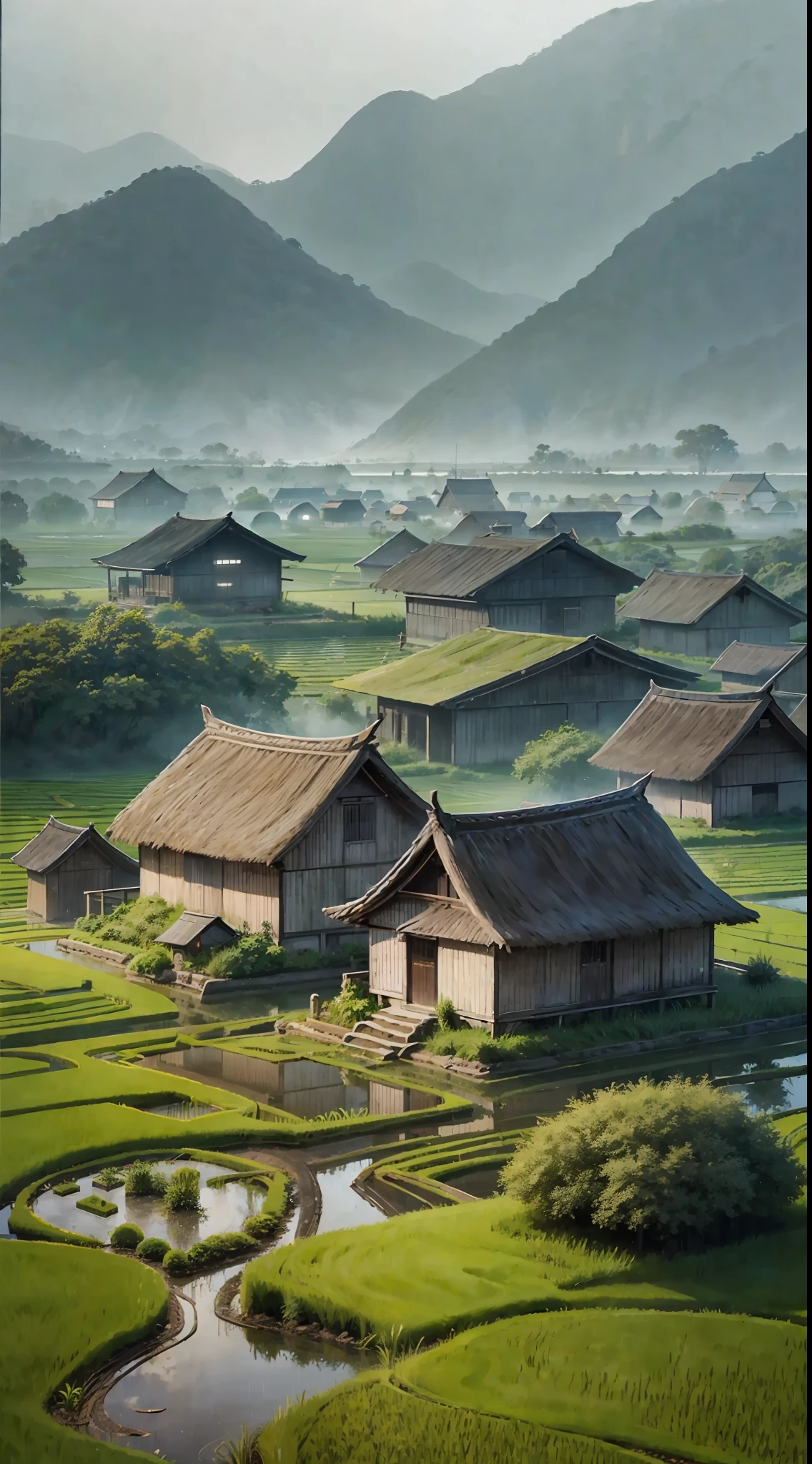 There is a man walking through a rice field, in the background is a hut with rice fields, rice fields, neat rice seedlings in the fields, misty rain, villages, agriculture, in the tranquil landscape, misty weather, in the vast peaceful landscape, in the early morning, in the morning mist, behind a small village, mist, Japanese countryside, thatched roofs --auto --v 6 --s2