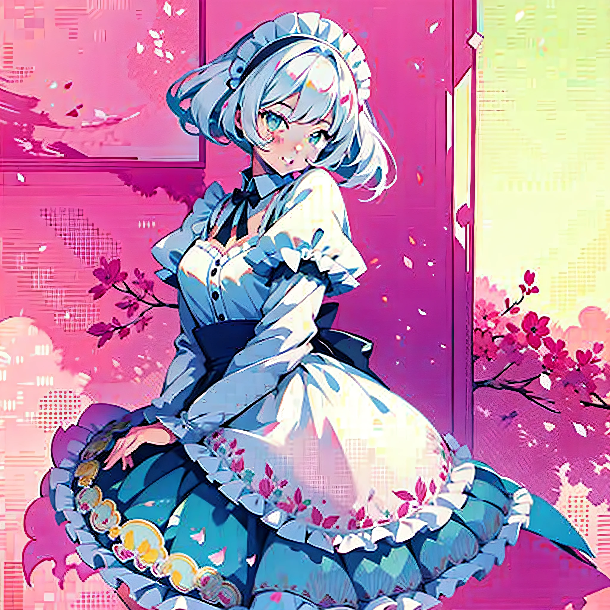 (white hair + maid outfit + 12 years old + two-dimensional: 1.2), youthful and lively, pink face, feminine curves, sweet and cute, soft and cute temperament, turning slightly sideways pose, fresh and natural environment, exquisite details, ({sing} OR {dancing} OR {smiling}), the main body in the center of the picture, the interior scene, ({no_background} OR {simple_background:0). .8}), watercolor style.