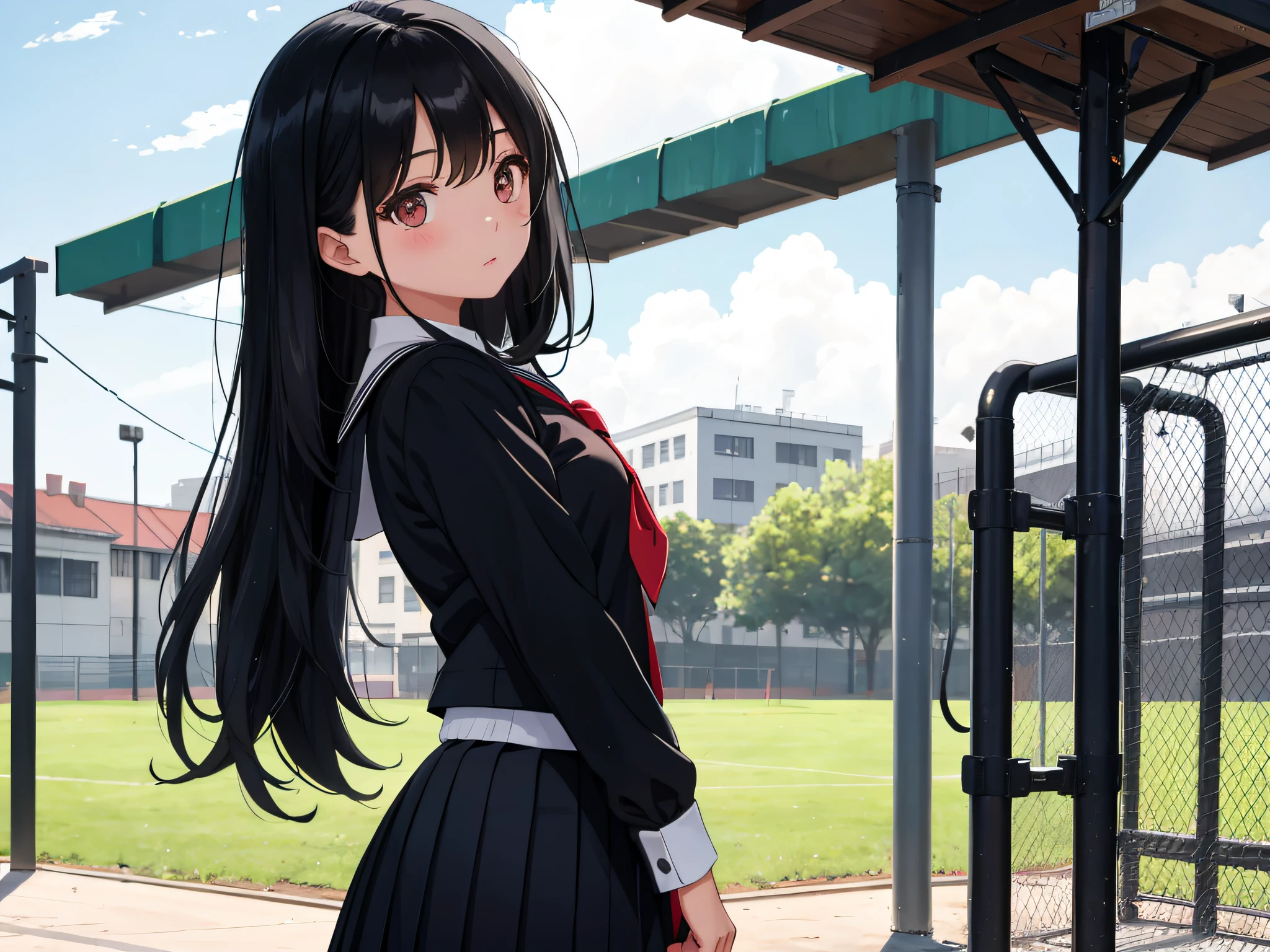 A pure girl with long black hair and a school uniform stands in the school playground, her upper body on display
