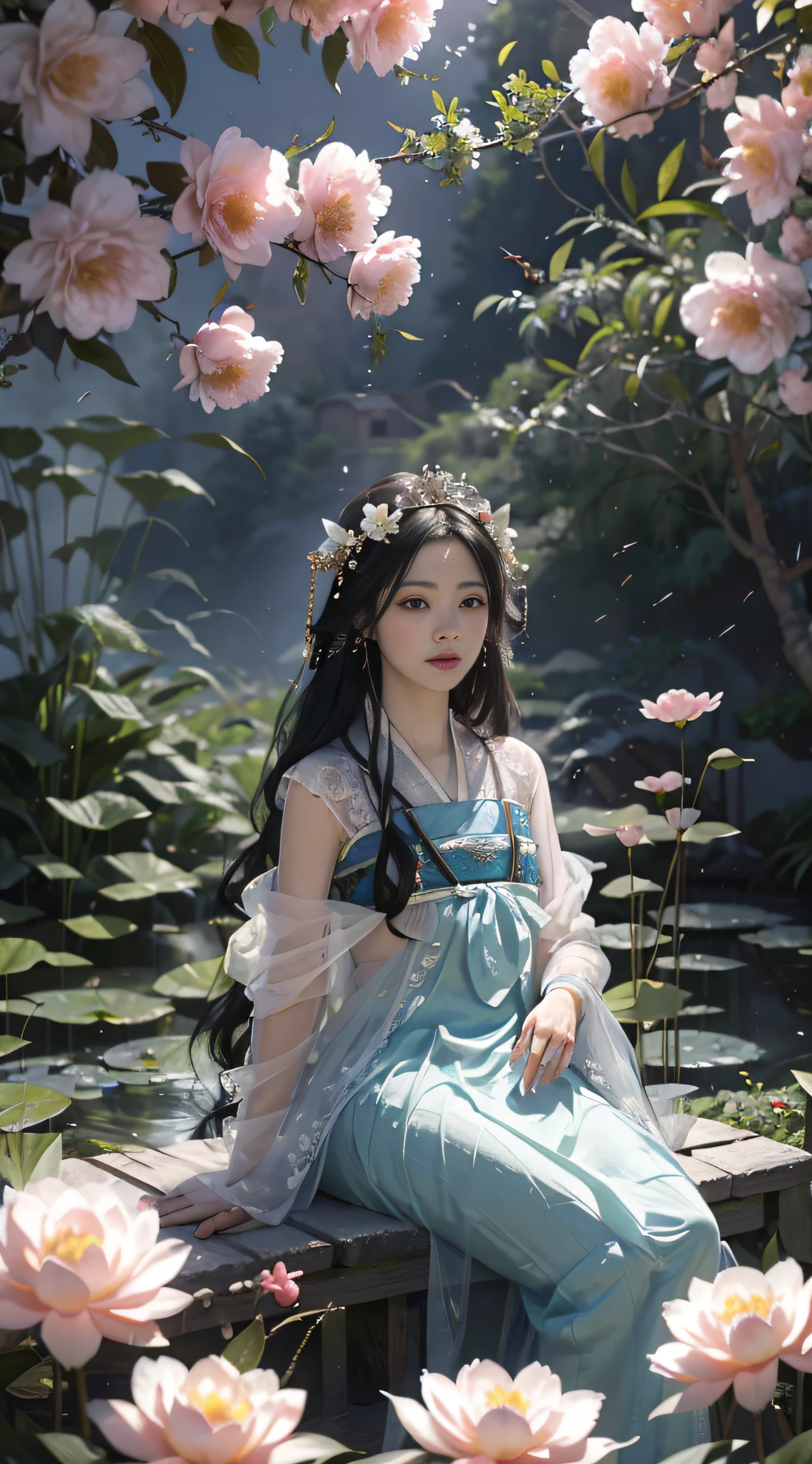 (Positive Focus), Surrealistic Female Portraits by David Hockney and Alphonse Mucha, Fantasy Art, Photo Realism, Dynamic Lighting, Art Station, Posters, Volumetric Lighting, Very Detailed Faces, 4K Wallpaper, Award-Won, 1 Girl Close-Up, Bust Shot, Pink Hanfu, White Tulle Coat, Smile Emoji, Long Black Hair, Red Tassel Hair Ornament, White Ribbon, Red Flowers, Small Blue Flowers, Butterflies Flying, Multiple Butterflies, Sitting by the Pond, Reaching for Flowers, Small Carp, Goldfish, Hazy Mist, Early Morning, fog, ancient Chinese architecture courtyard background, peony flowers, white lotus, small bamboo, petals falling, dramatic composition, movie lighting effects,
