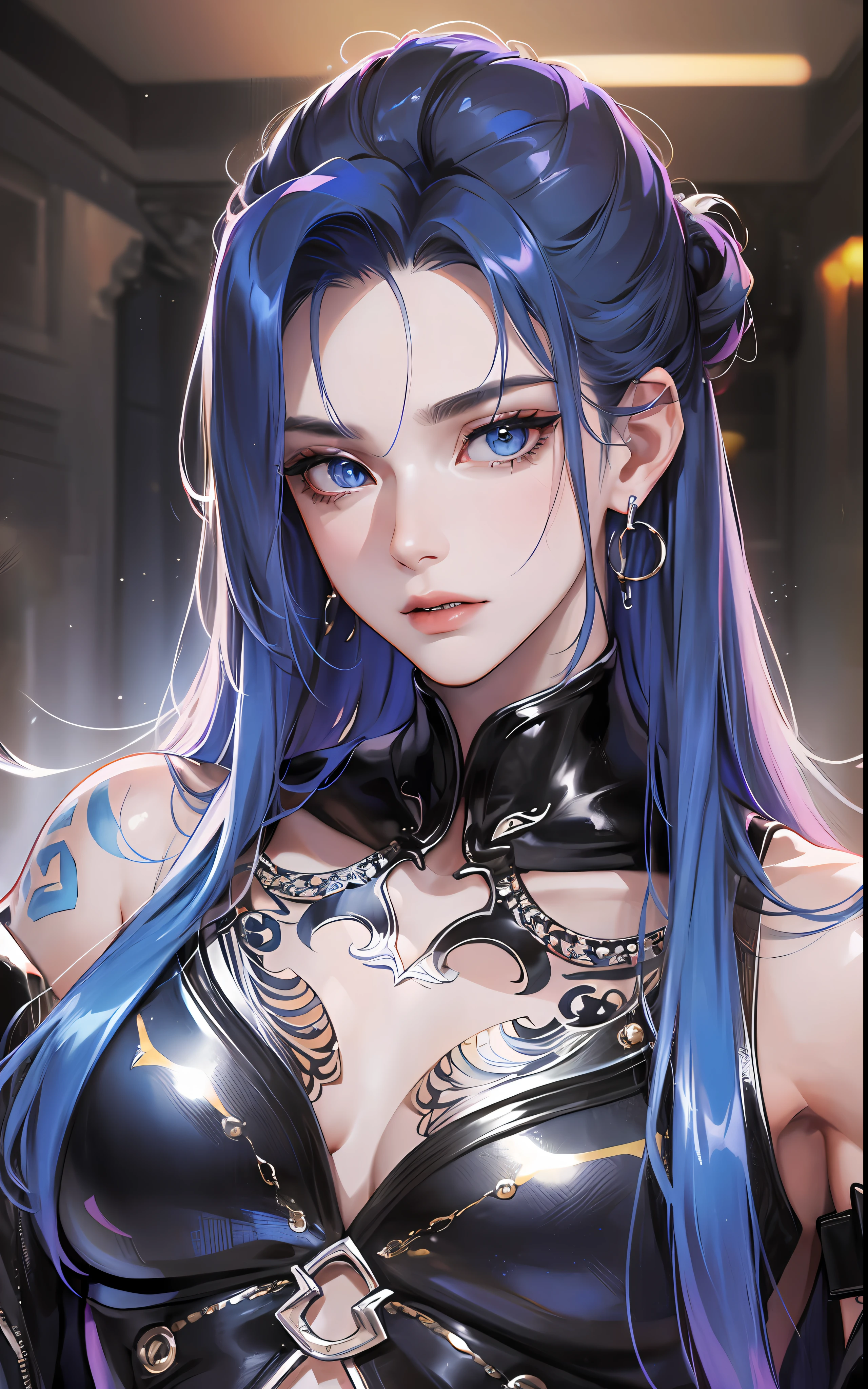man, masculine, masculine face, attractive, muscular, ((1man)), masterpiece, absurdres, best quality ,intricate details , (shiny skin, shiny body, shiny oily luster skin, shiny hair, pale skintone), Sundown, attractive, ((muscular)), adult, one, tattoo in his chest ,black blouse, earrings, black pants, Don't look at the view , Not looking at the view, blue long hair, perfect detailed face, perfect detailed hands, vampire, blue eyes, ((MLS)), medium large shoot