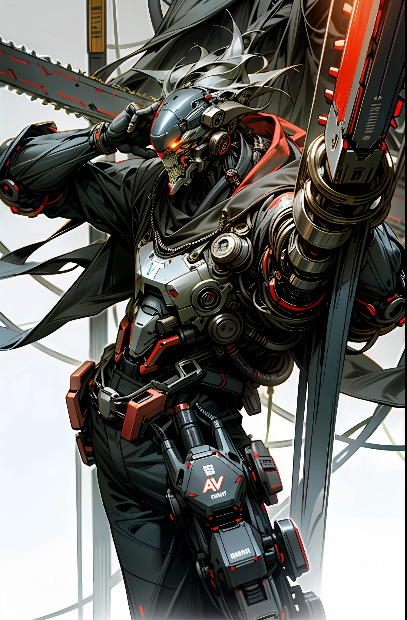 Dark_Fantasy,Cyberpunk,(chain saw,chain saw man,Red:1.1),1man,Mechanical marvel,Robotic presence,Cybernetic guardian,
