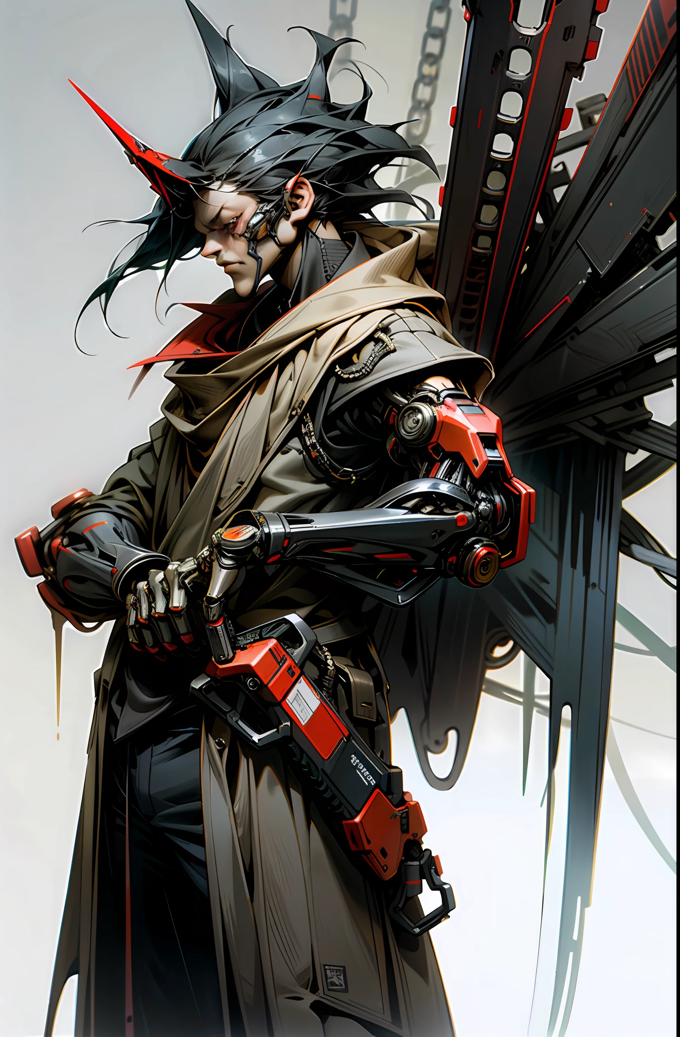 Dark_Fantasy,Cyberpunk,(chain saw,chain saw man,Red:1.1),1man,Mechanical marvel,Robotic presence,Cybernetic guardian,