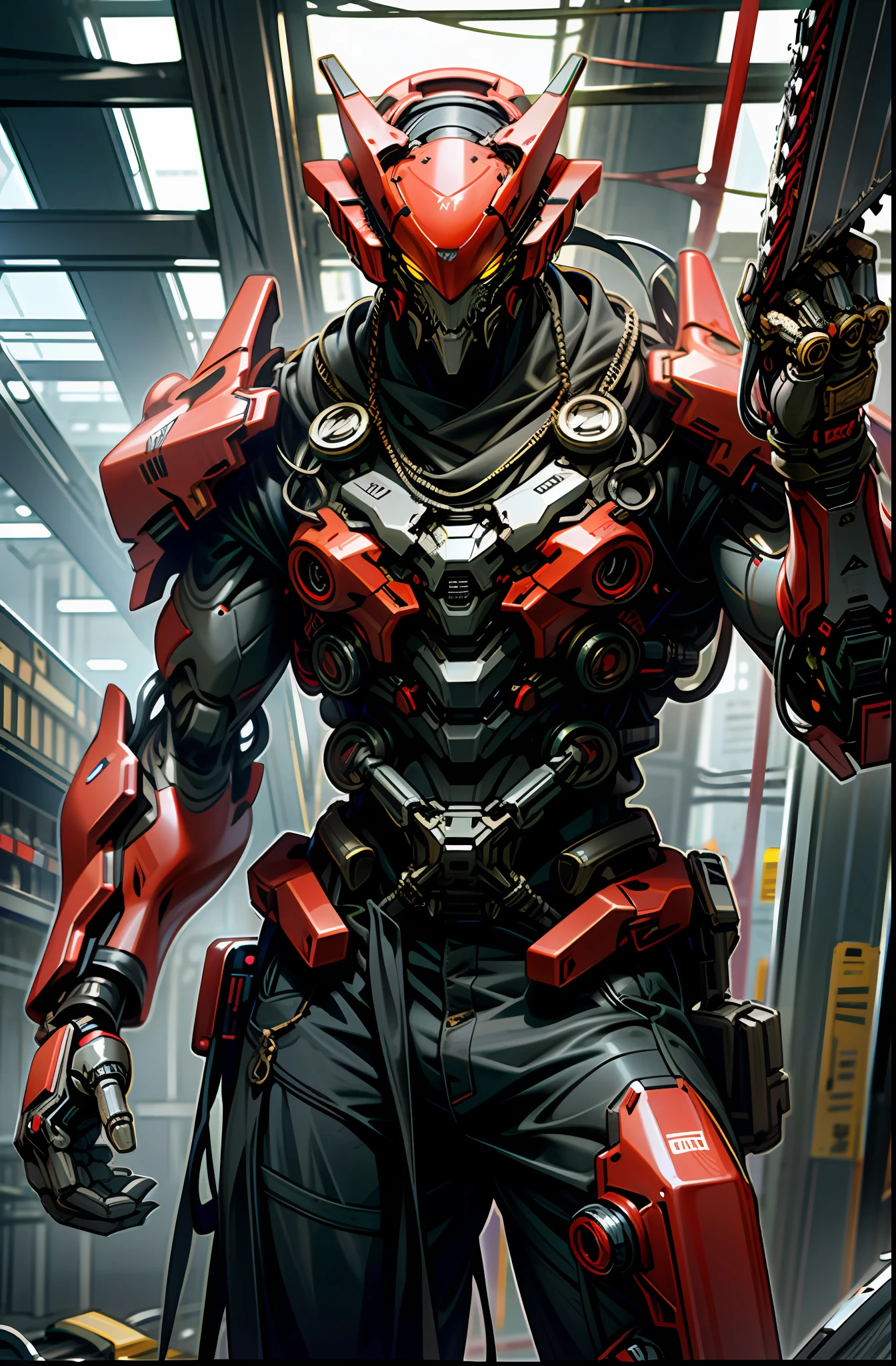 Dark_Fantasy,Cyberpunk,(chain saw,chain saw man,Red:1.1),1man,Mechanical marvel,Robotic presence,Cybernetic guardian,